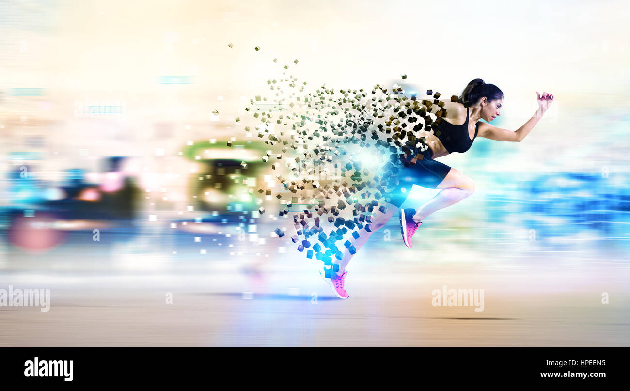 Sportliche Frau Läufer schnell in Sportbekleidung mit bunten Lichtern auf Hintergrund Stockfoto