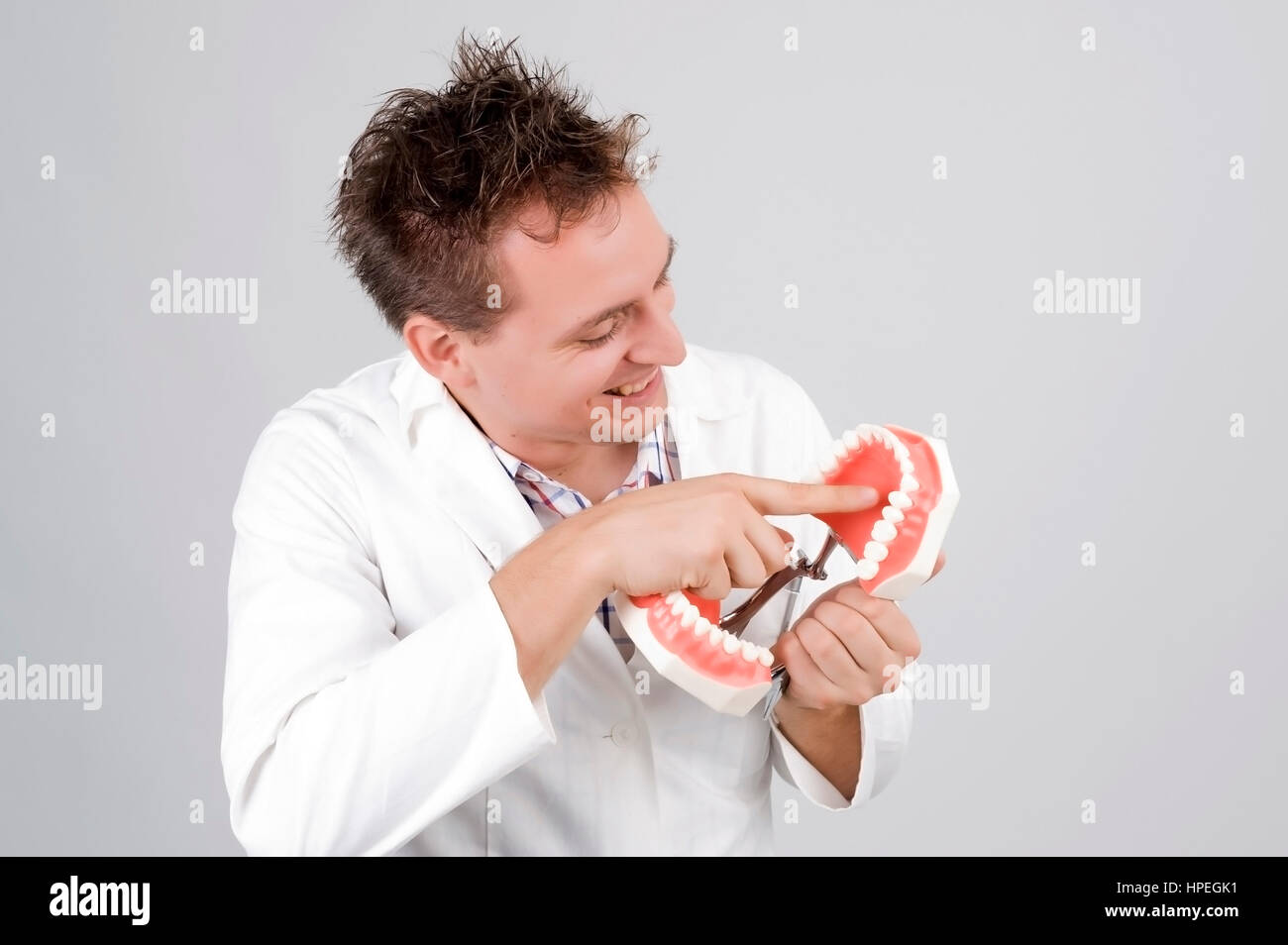 Model Release, Zahnarzt Mit Gebissmodell - Zahnarzt mit Prothese Stockfoto