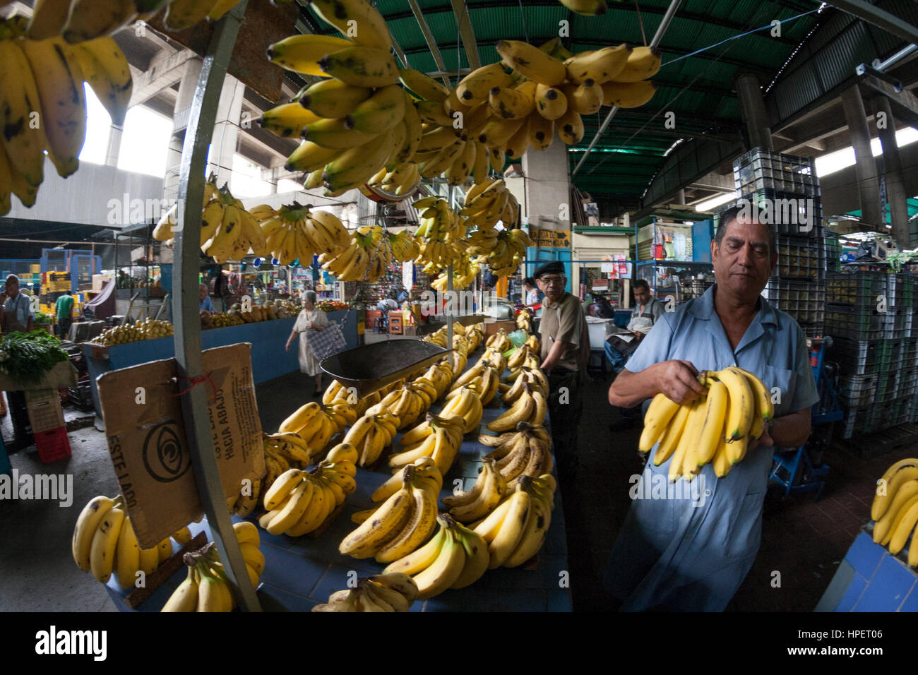 Dtto Hauptstadt Caracas/Venezuela - 04-02-2012: Mann verkaufen einige Bananen in einem berühmten beliebten Markt Mercado de San Martín. Stockfoto