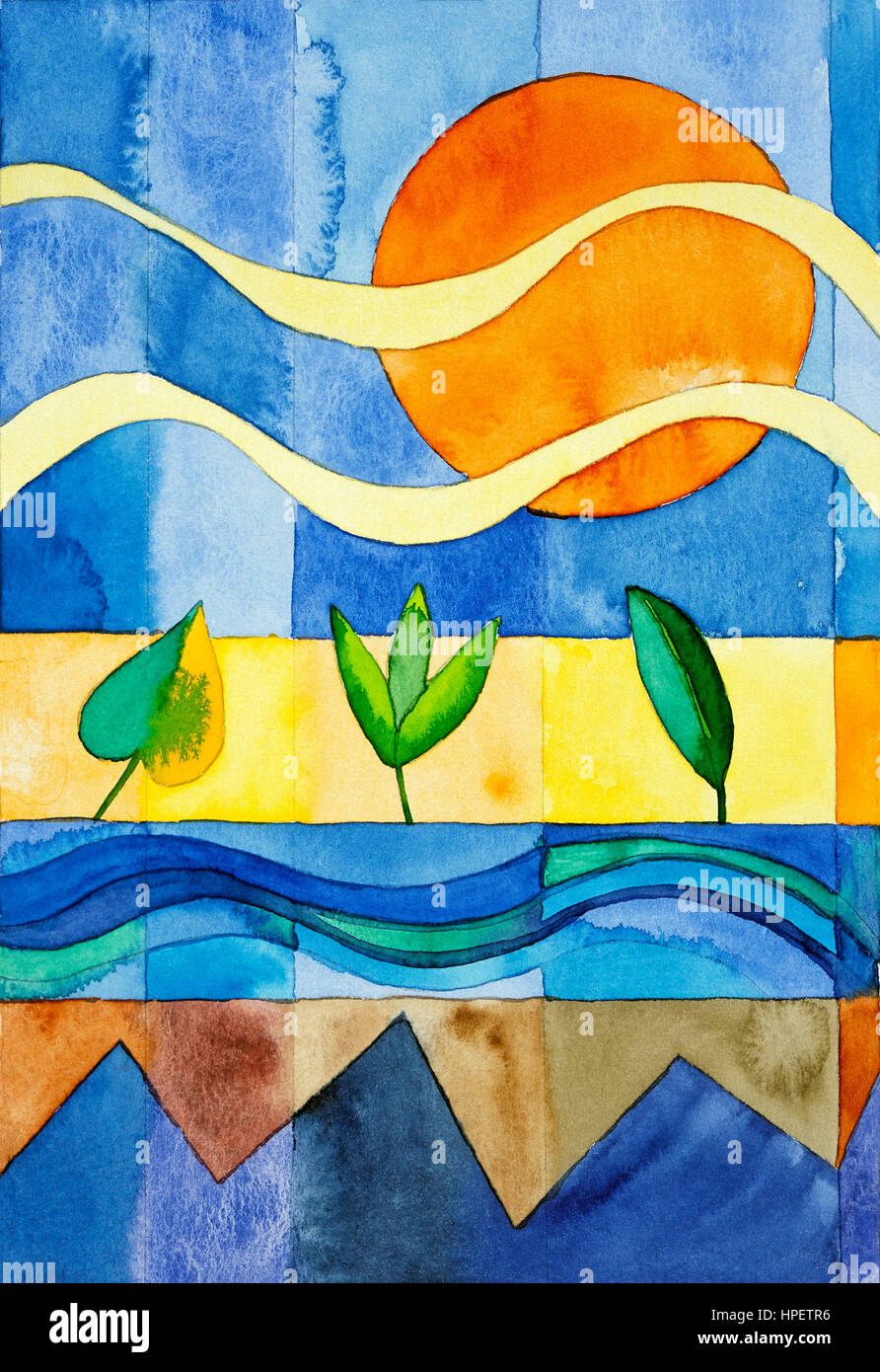 Aquarell von Heidrun Füssenhäuser, Psalm 23, stellt er meiner Seele Stockfoto