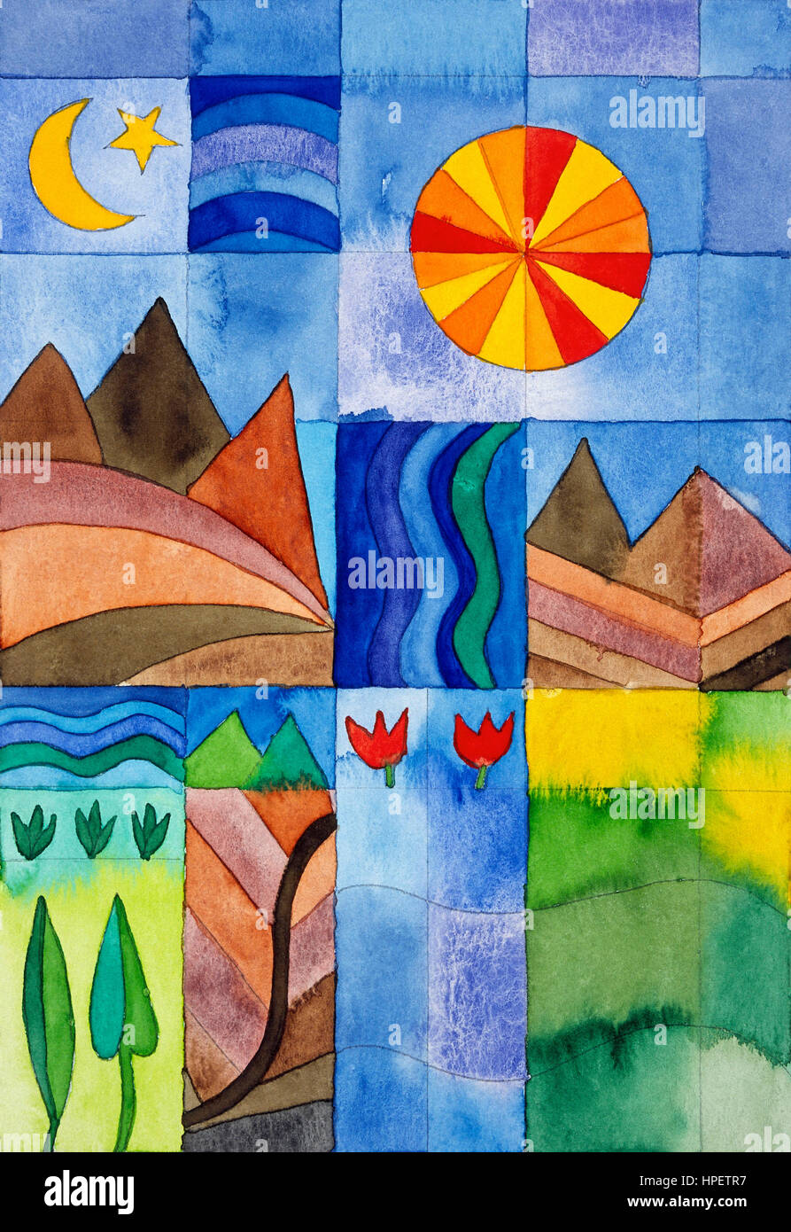 Aquarell von Heidrun Füssenhäuser, Psalm 23, Höhen und tiefen Stockfoto