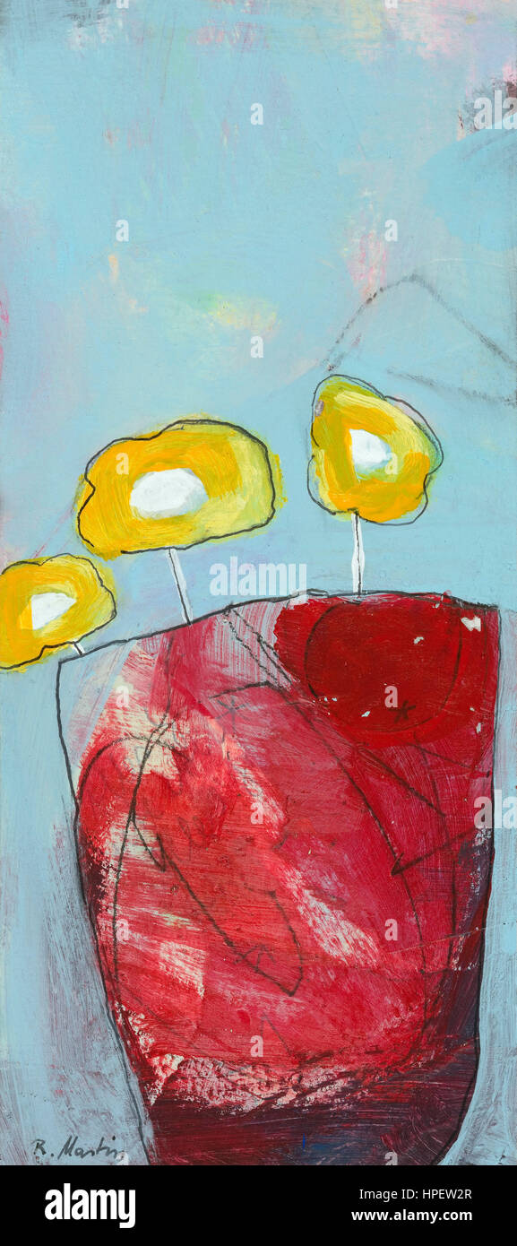 Abstrakte Gemälde von Regine Martin, Technik, gelbe Blüten, rote Blumentopf, gemischt Stockfoto