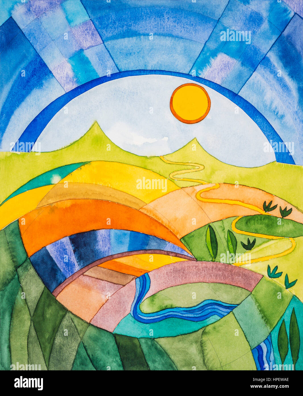 Aquarell von Heidrun Füssenhäuser, Psalm 23, "er macht mich hinlegen in grünen Auen, er führt mich neben den stillen Wassern" Stockfoto