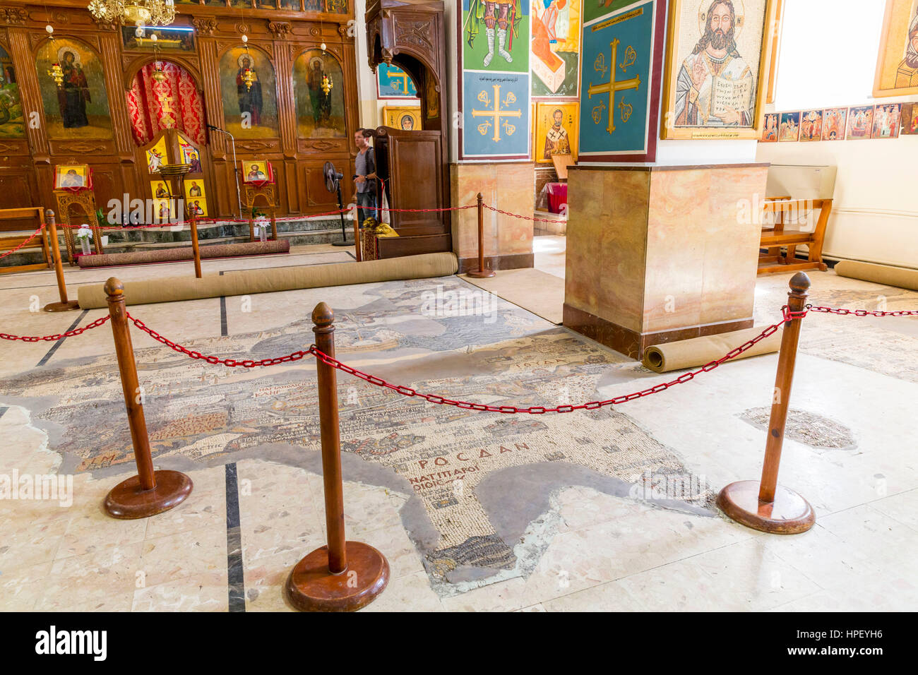 Die Weltkarte der berühmten Mosaike des Heiligen Landes, griechisch-orthodoxe Kirche St. Georg, Madaba, Jordanien, Asien Stockfoto