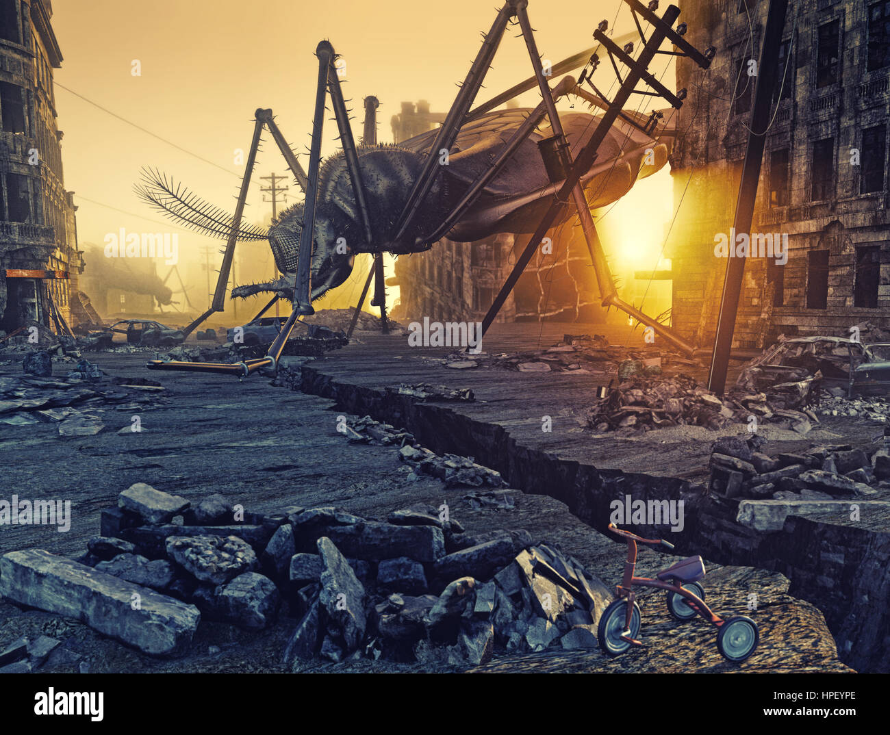 Gigantische Insekten zerstören die Stadt. 3D-Konzept Stockfoto