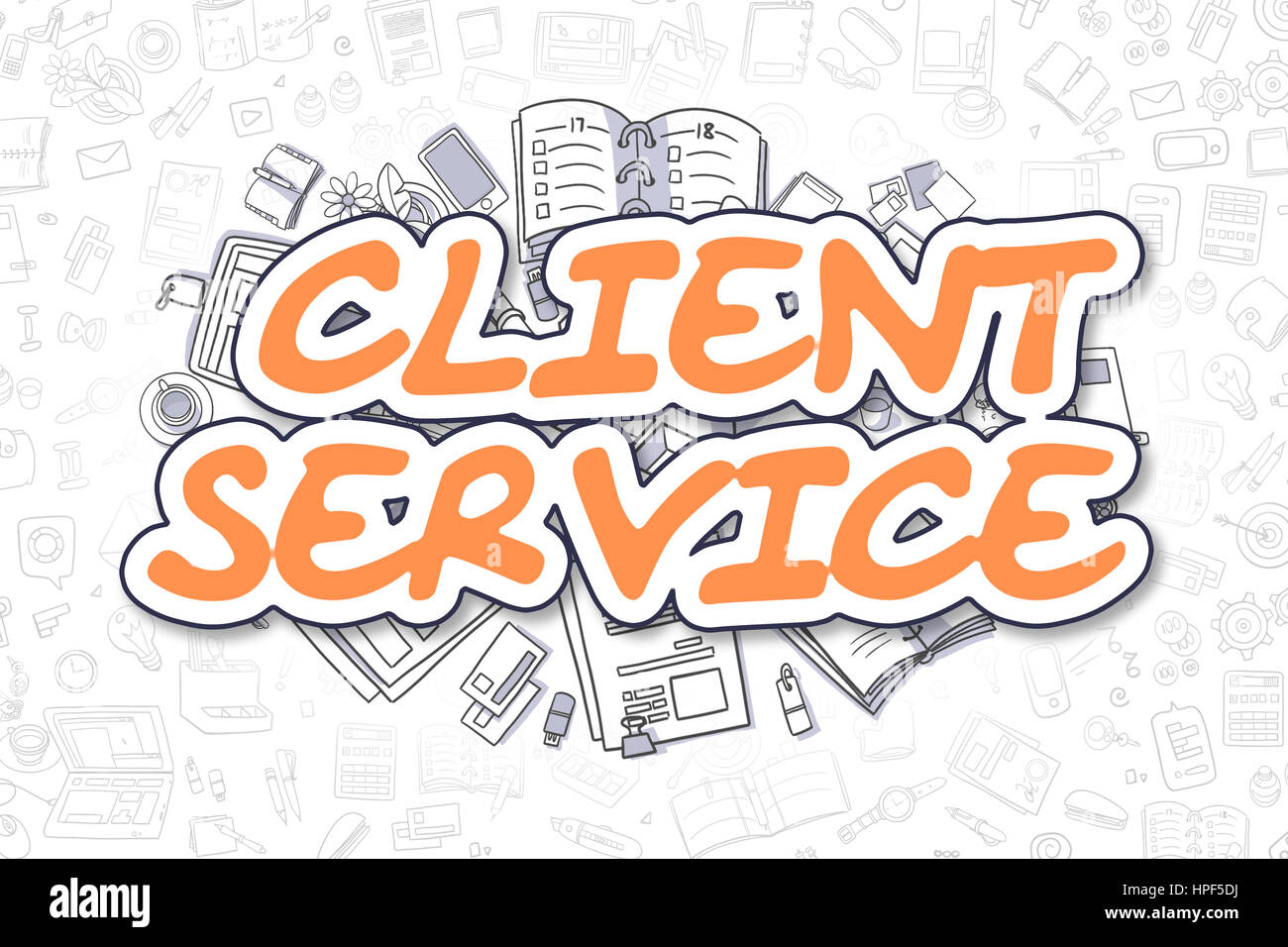 Cartoon-Illustration von Kundenservice, umgeben von Briefpapier. Geschäftskonzept für Web-Banner, Drucksachen. Stockfoto