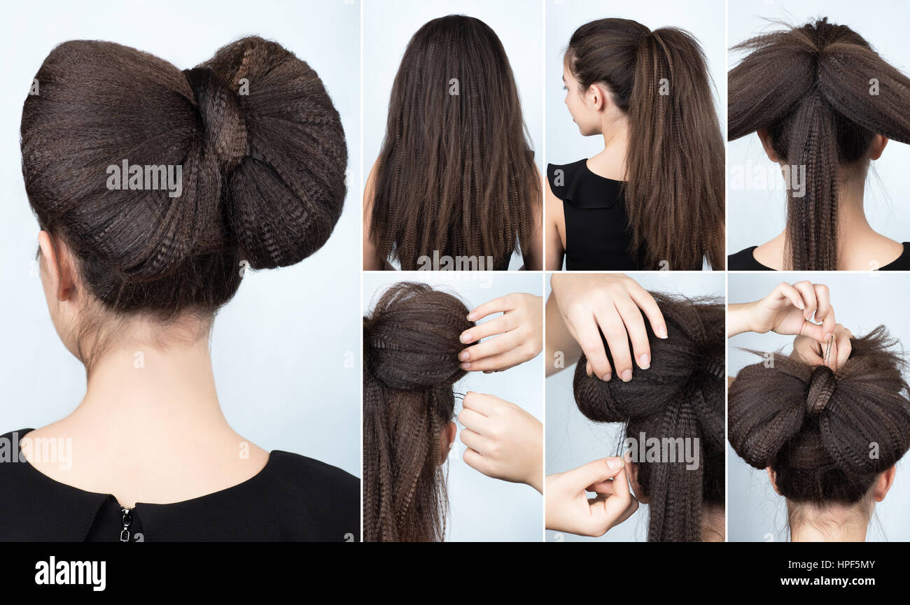 modische Frisur Volumen Bogen von Ripple lockiges Haar. Frisur für lange Haare. Frisur-Tutorial. Gekräuselte Haare.  Frisur-Tutorial Schritt für Schritt Stockfoto