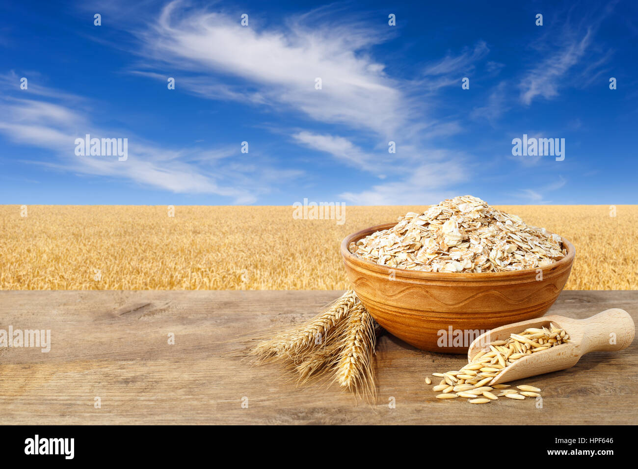 Haferflocken in die Schüssel. Ohren von Hafer und Haferflocken in die Schüssel auf Tisch mit Feld auf dem Hintergrund. Landwirtschaft und Ernte-Konzept. Goldenen Feld und blauer Himmel Stockfoto