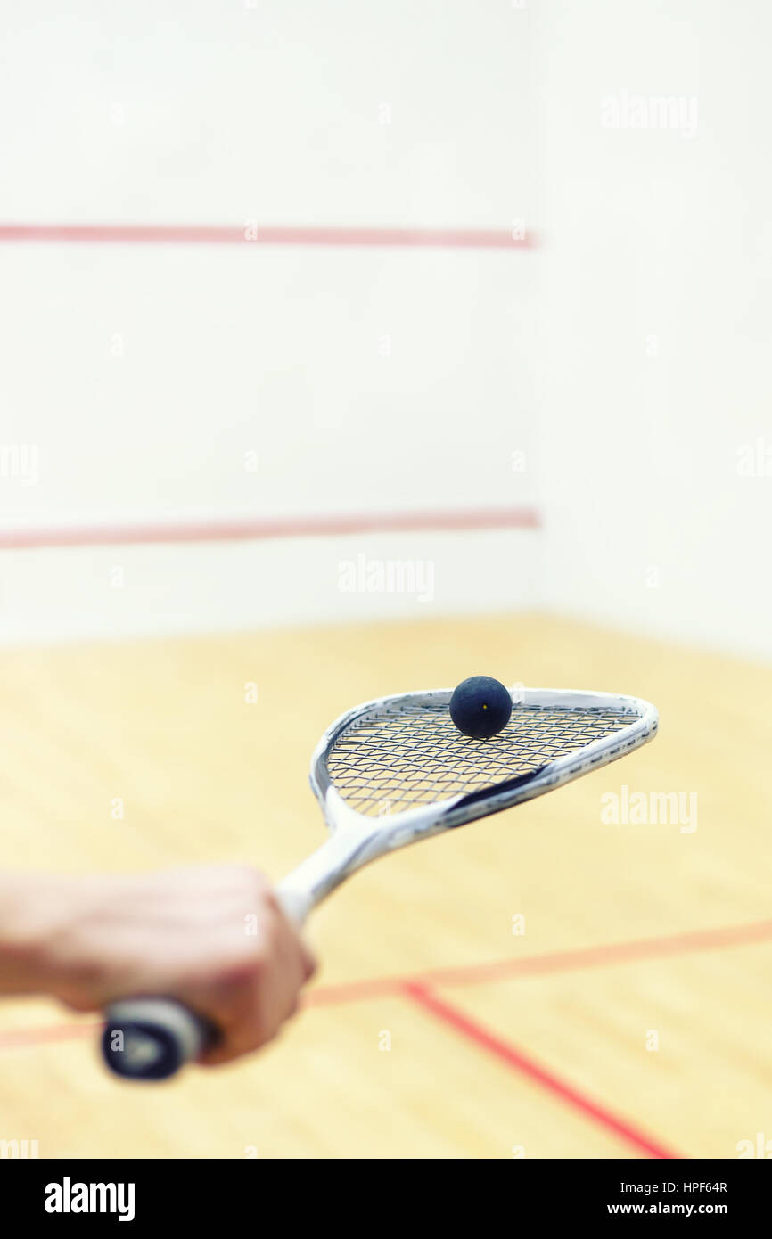 Squash-Schläger und Ball in der Hand der Männer. Squash-Ausrüstung. Squash-Ball auf Squash-Schläger mit Gericht auf dem Hintergrund. Foto mit Muskelaufbau Stockfoto