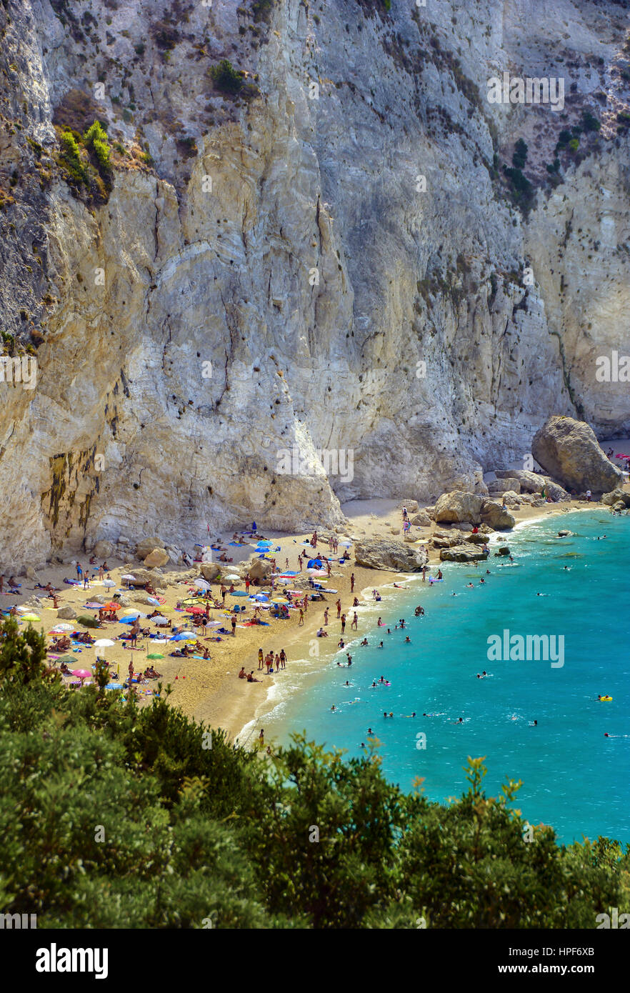 Porto Katsiki Strand befindet sich am südwestlichen Teil der Insel Lefkada, einer der berühmtesten Strände des Ionischen Meeres in Griechenland Stockfoto