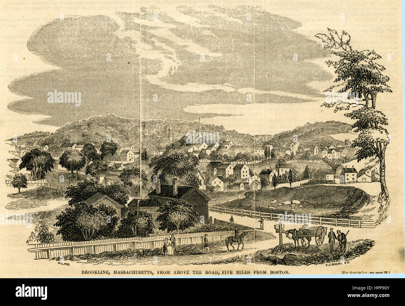 Antiken 1854 Gravur, "Brookline, Massachusetts, von oben die Straße, fünf Meilen von Boston." Brookline ist eine Stadt in Norfolk County, Massachusetts in den Vereinigten Staaten und ist ein Teil des Greater Boston. QUELLE: ORIGINAL GRAVUR. Stockfoto