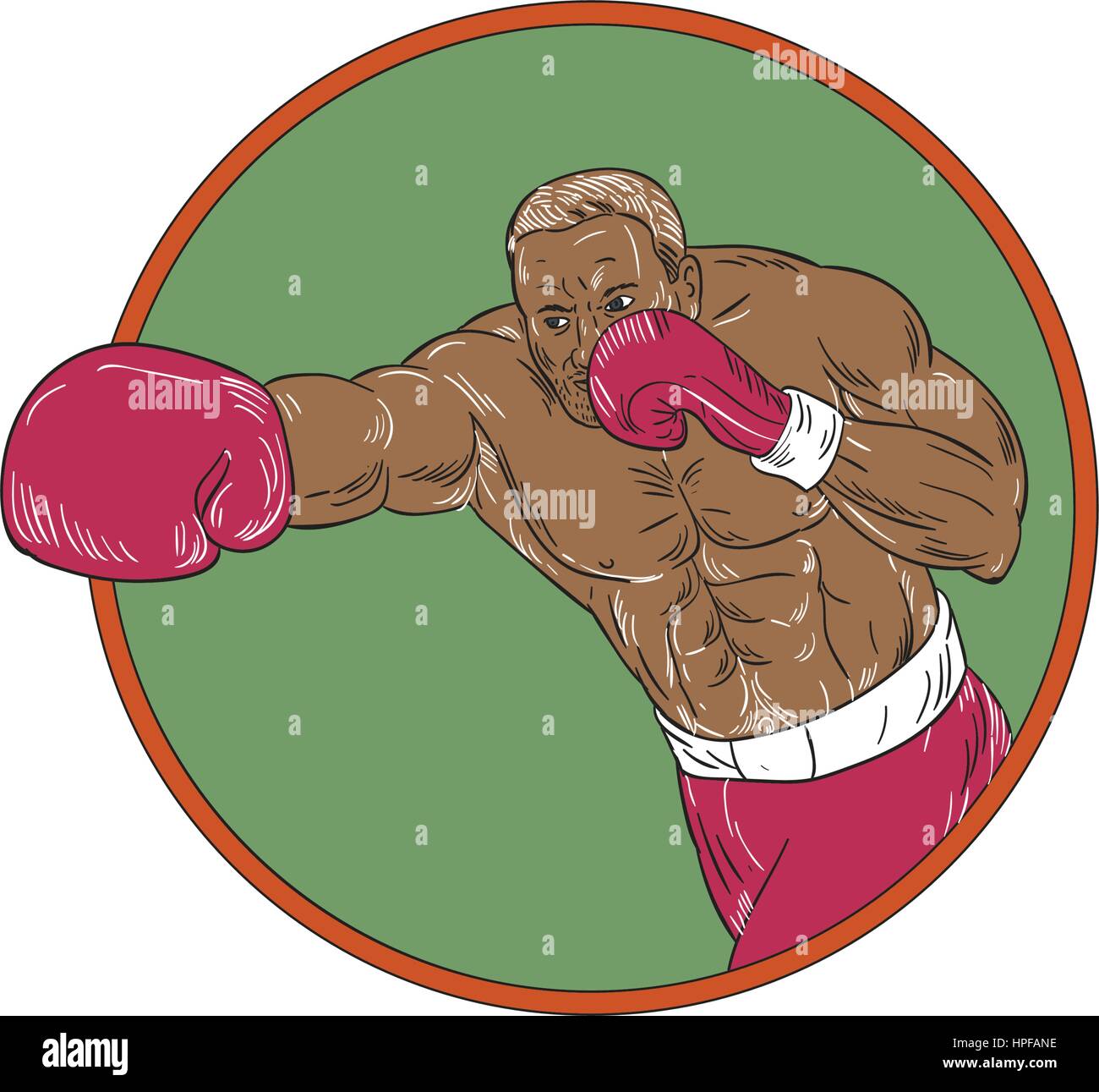 Zeichnung Skizze stil Abbildung eines afrikanisch-amerikanische Boxer einen rechten Haken punch Set innerhalb des Kreises auf isolierten Hintergrund. Stock Vektor