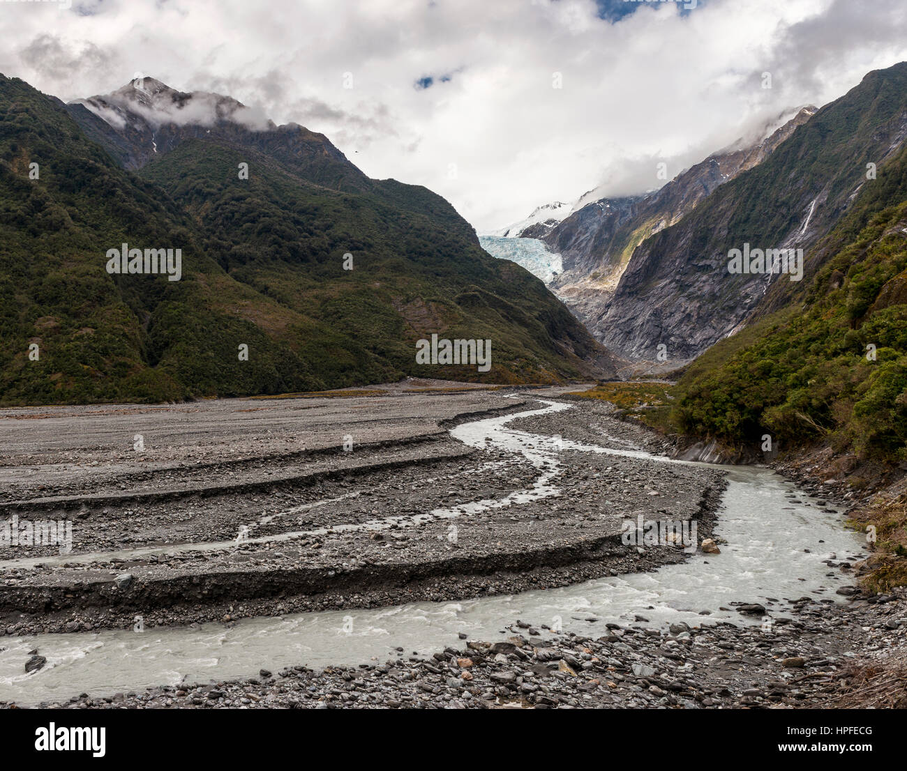 Eiszeitliche Fluss- und Gletscher Zunge, Franz Josef Glacier, West Coast, Southland, Neuseeland Stockfoto