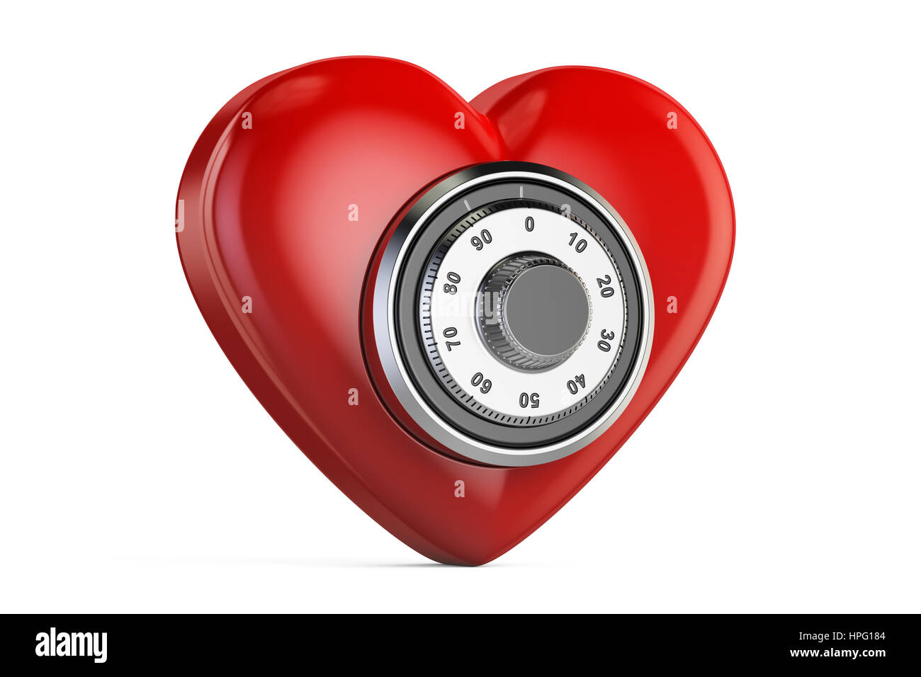 Rotes Herz mit sicheren Zahlenschloss, 3D-Rendering isolierten auf weißen Hintergrund Stockfoto