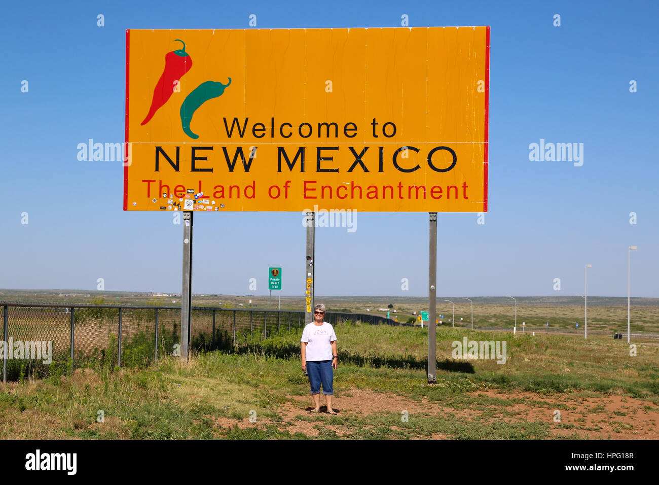 Willkommen bei New-Mexico-Zeichen auf der Interstate 40 / Rte 66 nach Westen Stockfoto