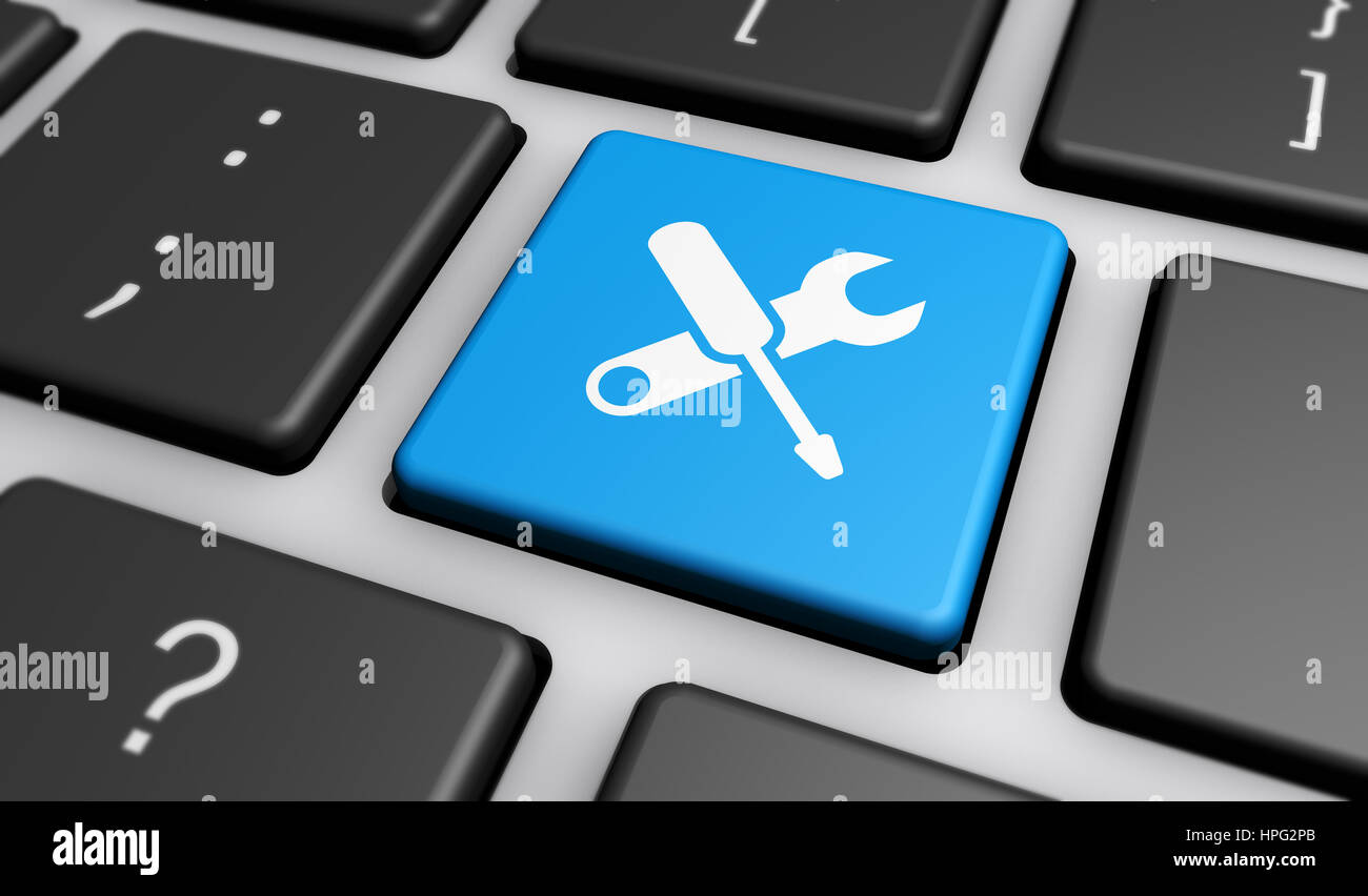 Computer-Reparatur-Service-Konzept mit Arbeit Werkzeuge Ikonen und Symbol auf eine Schaltfläche Computer Tastatur 3D Illustration. Stockfoto