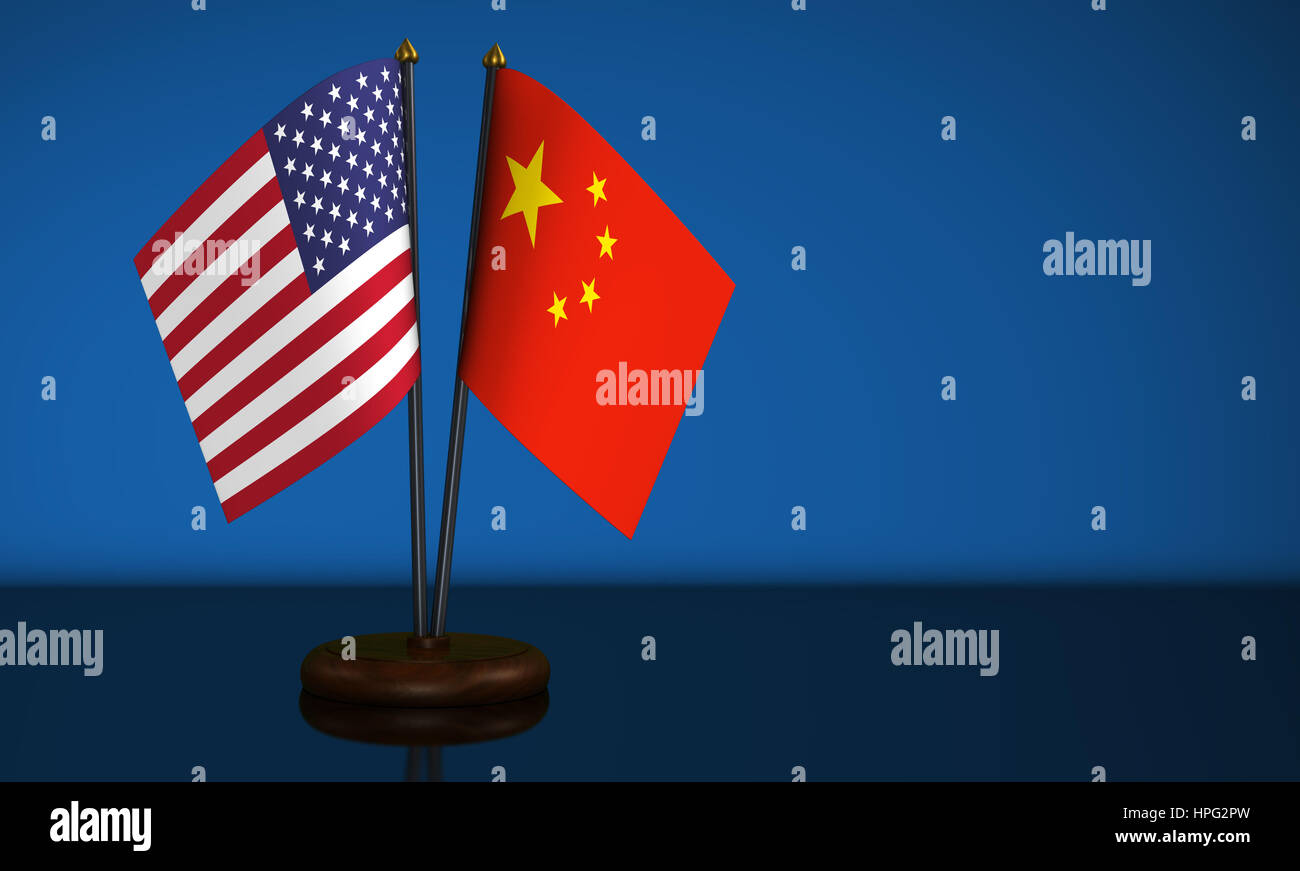 Vereinigte Staaten von Amerika Flagge und Chinese Desk Fahnen 3D Illustration. Stockfoto