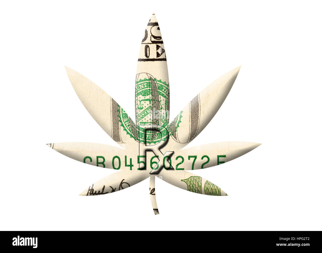 Marihuanablatt mit Rezept Insignien und Rechnung $100. Stockfoto