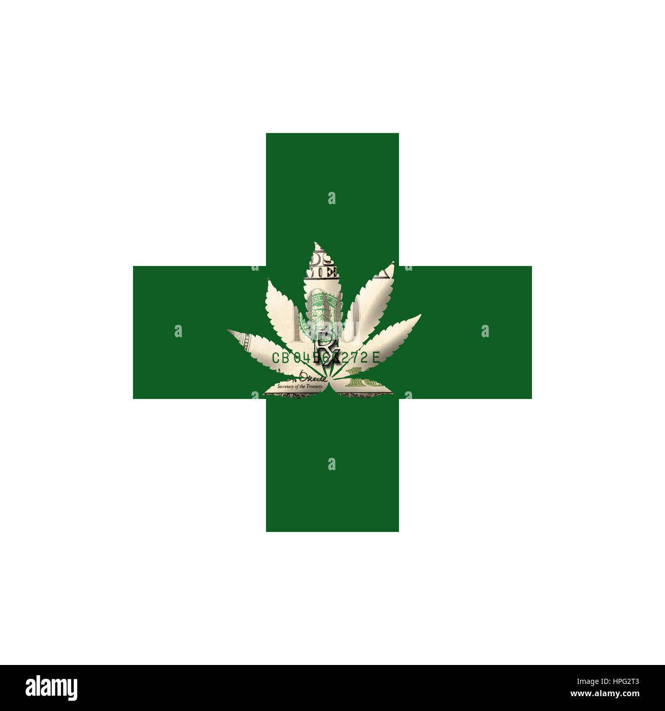 Cannabisblatt mit Rezept Insignien und $100 Bill auf weißem Hintergrund Stockfoto