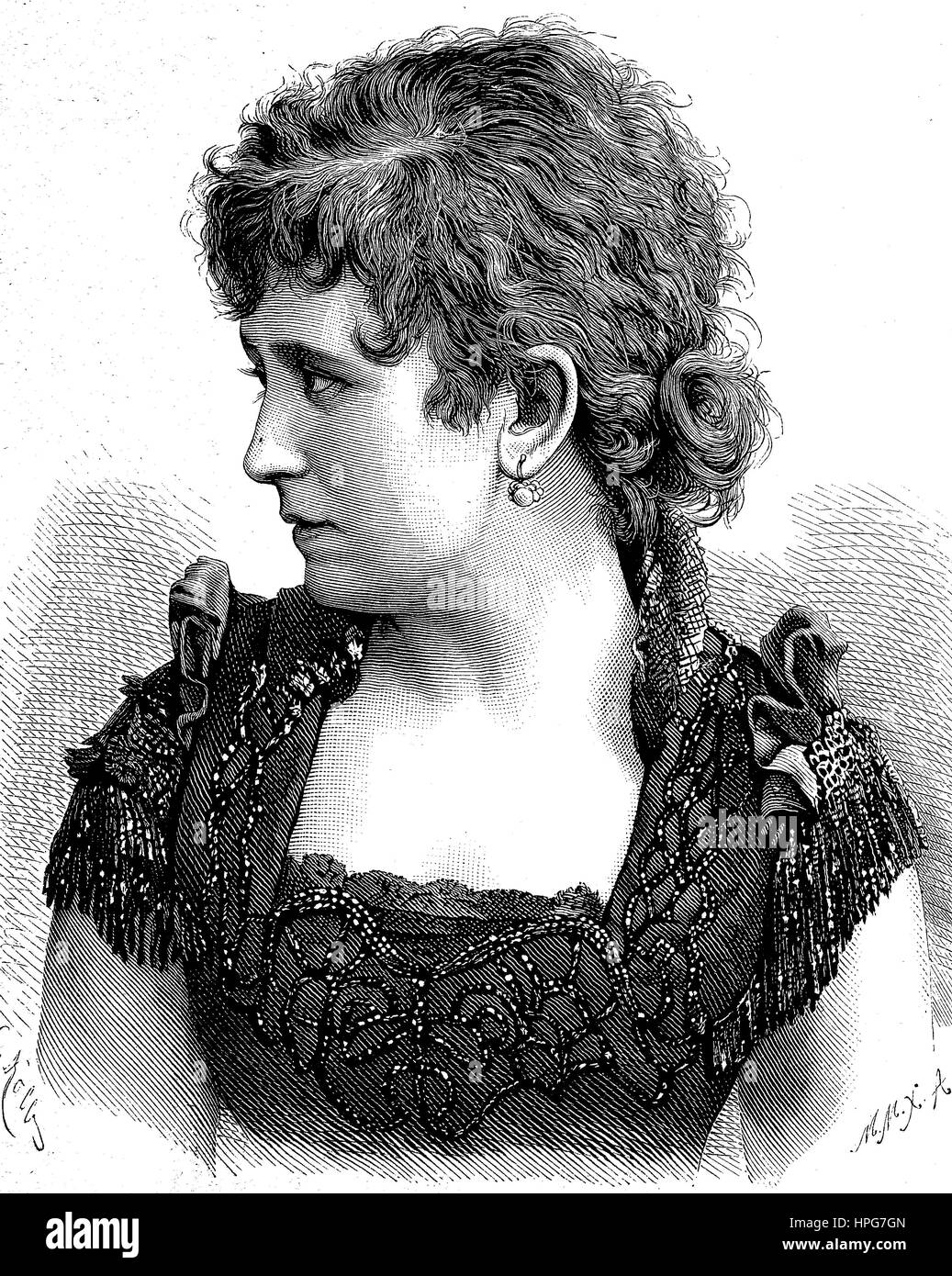 Marie Barkany, auch Maria Barkany, 1862-1928, war ein ungarischer Theater und Stummfilm-Schauspielerin, Marie Barkany, Auch Maria Barkany, 1862-1928, war Eine Wirtschaftsministerium Theater-Und Stummfilmschauspielerin, digital verbesserte Wiedergabe von einem Holzschnitt aus dem Jahr 1885 Stockfoto