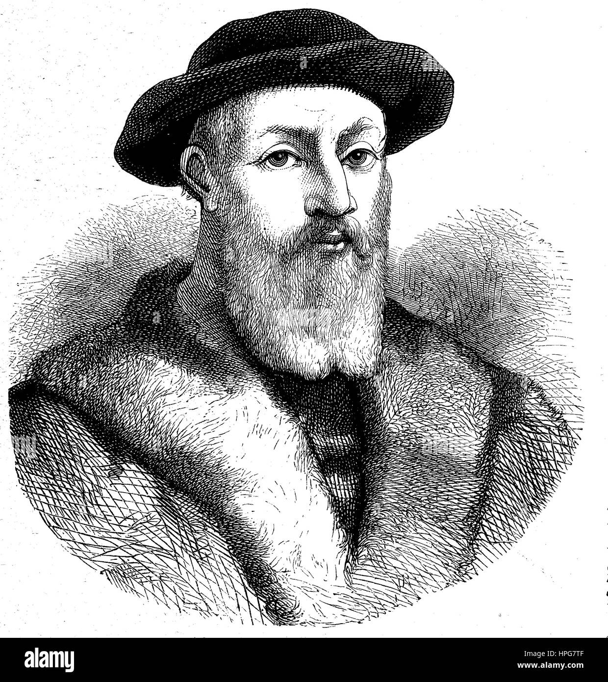 Ferdinand Magellan, Fernando de Magallanes, 1480-1521. war ein portugiesischer Entdecker, die die spanische Expedition nach Ostindien von 1519 bis 1522, organisiert wiederum die erste Umrundung der Erde,, digital verbesserte Wiedergabe von einem Holzschnitt aus dem Jahr 1885 Stockfoto