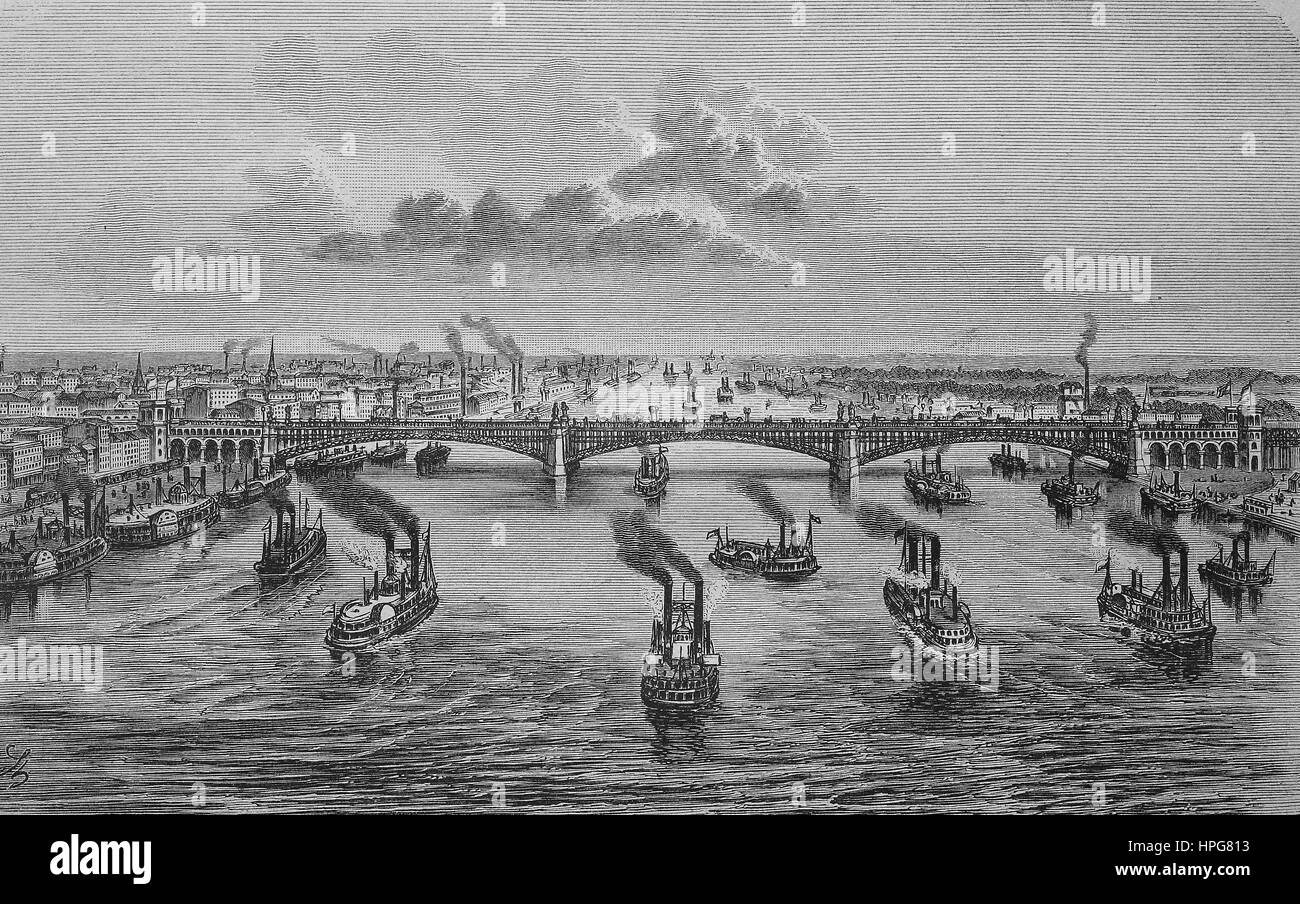 Blick von St. Louis im Bundesstaat Missouri am westlichen Ufer des Mississippi River, digital verbesserte Wiedergabe von einem Holzschnitt aus dem Jahr 1885 erbaut Stockfoto