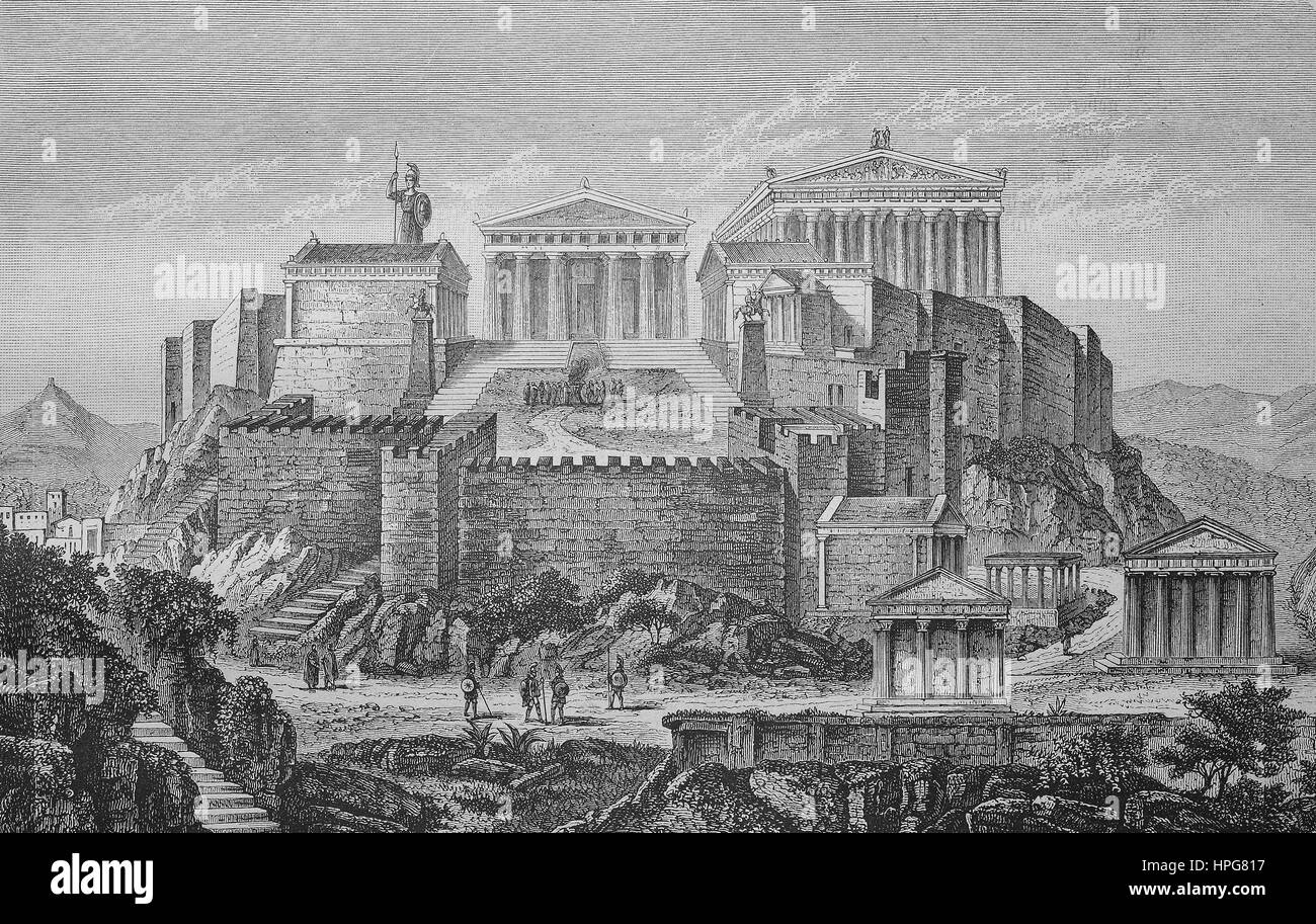 Die Akropolis in Athen, Griechenland, in Zeiten des Perikles, ca. 430 v. Chr., Die Akropolis in Athen, Griechenland, Zu Zeiten des Perikles, ca. 430 v. Chr., verbesserte digitale Reproduktion von einem Holzschnitt aus dem Jahr 1885 Stockfoto