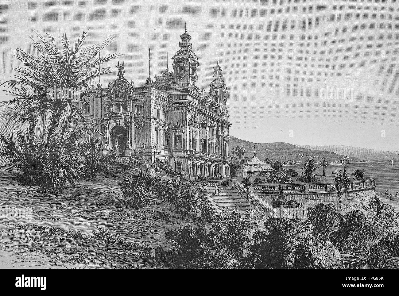 Das Casino Spiel Bank von Monte Carlo, Monaco, im Jahre 1885, Das Casino Spielbank von Monte Carlo, Monaco, Im Jahre 1885, digital verbesserte Wiedergabe von einem Holzschnitt aus dem Jahr 1885 Stockfoto