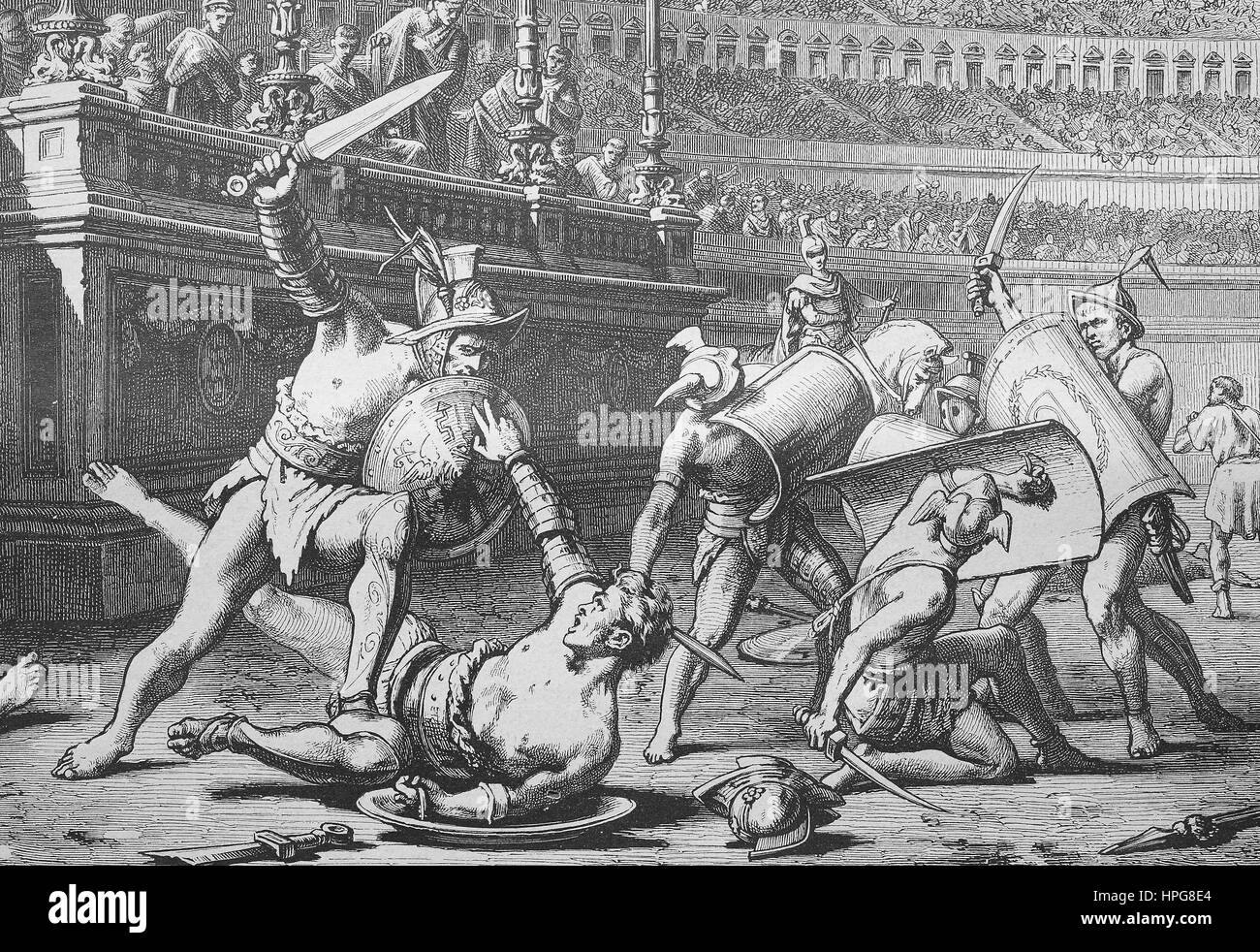 Gladiatoren kämpfen in der Arena in Pompeji, Italien, Gladiatoren k? Mpfen in der Arena Zu Pompeji, Italien, digital verbesserte Wiedergabe von einem Holzschnitt aus dem Jahr 1885 Stockfoto