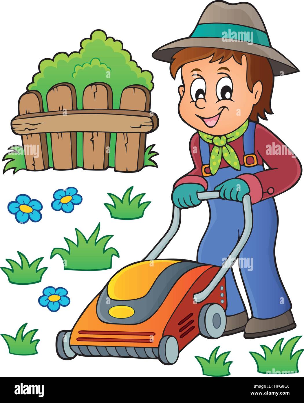Gärtner mit Rasenmäher Thema Bild 1 eps10VektorIllustration Stock