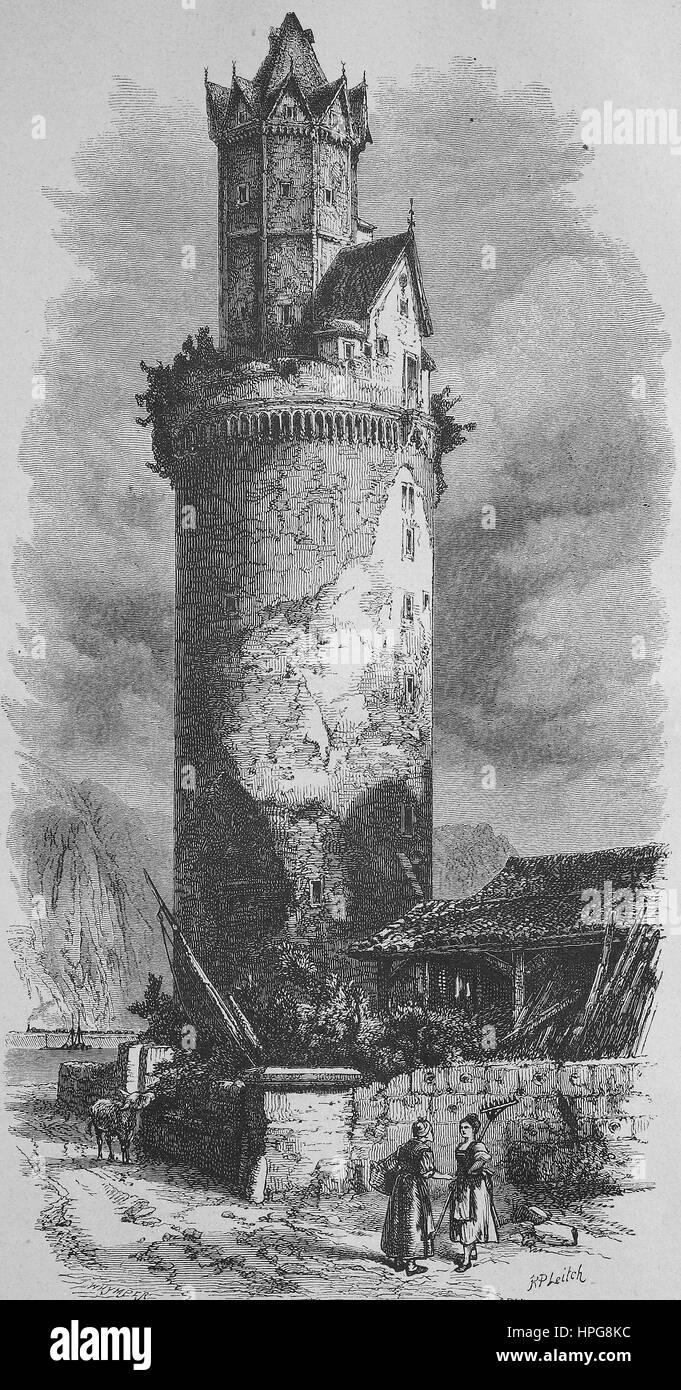 Der Runde Turm, Runder Turm von Andernach in Deutschland ist ein großer Wehrturm, der Stadt halten und Schauinsland aus dem 15. Jahrhundert und eine ehemalige Uhr Turm der Stadtbefestigung an der nordwestlichen Ecke der mittelalterlichen Stadtmauer, digital verbessert Reproduktion von einem Holzschnitt aus dem Jahr 1885 Stockfoto