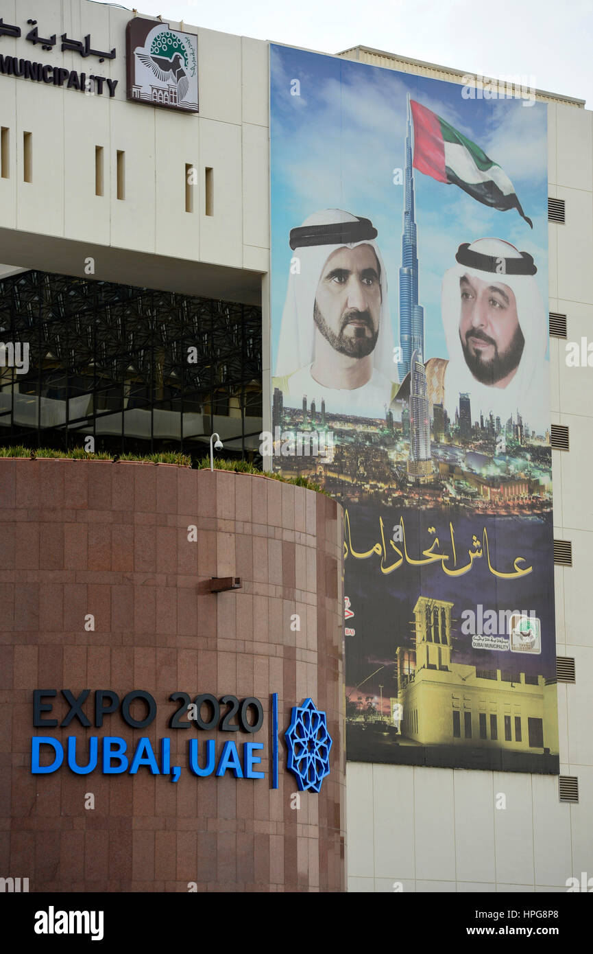Vereinigte Arabische Emirate, Dubai, Weltausstellung 2020 Organisation flach mit dem Präsidenten der Vereinigten Arabischen Emirate und Dubai Emirate drauf. Stockfoto