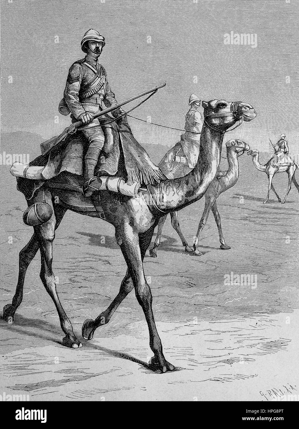 Englische Kamelreiter in Ägypten, Pinakotheken Kamelreiter in? Gypten, digital verbesserte Wiedergabe von einem Holzschnitt aus dem Jahr 1885 Stockfoto