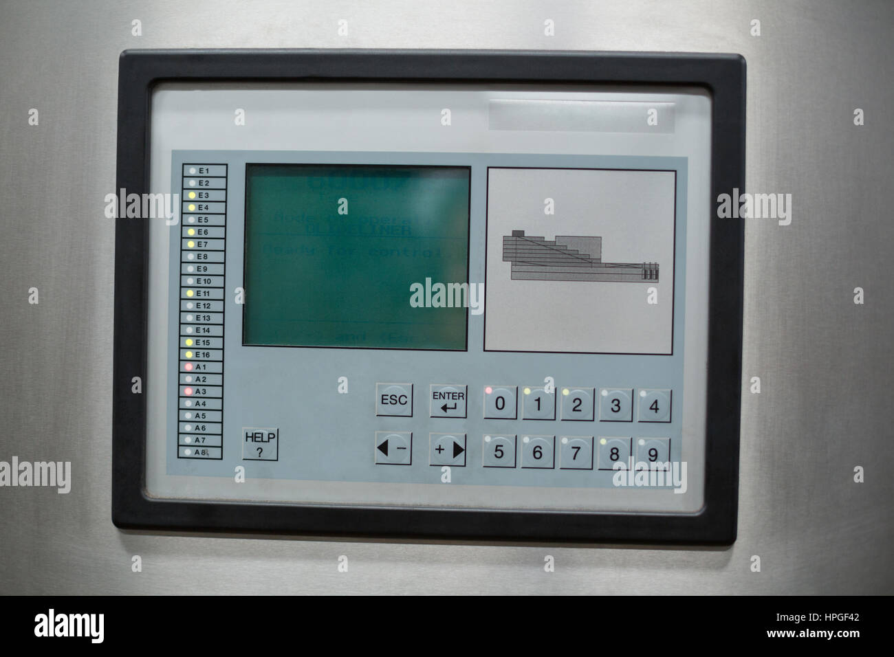 Nahaufnahme der Strg-Taste und Bildschirm auf Werksmaschine Stockfoto