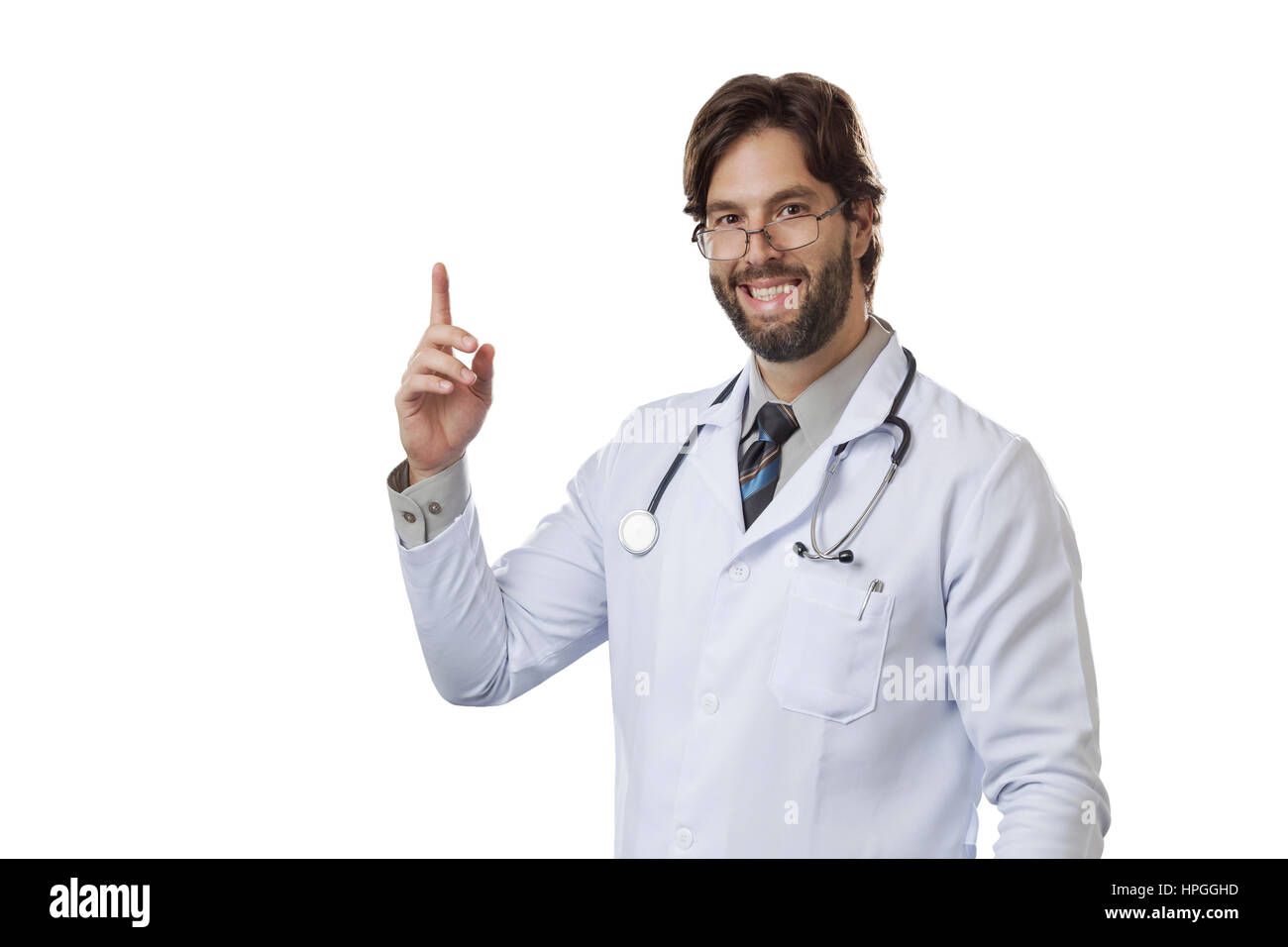 Männlichen Arzt deuten sich auf einem weißen Hintergrund. Stockfoto