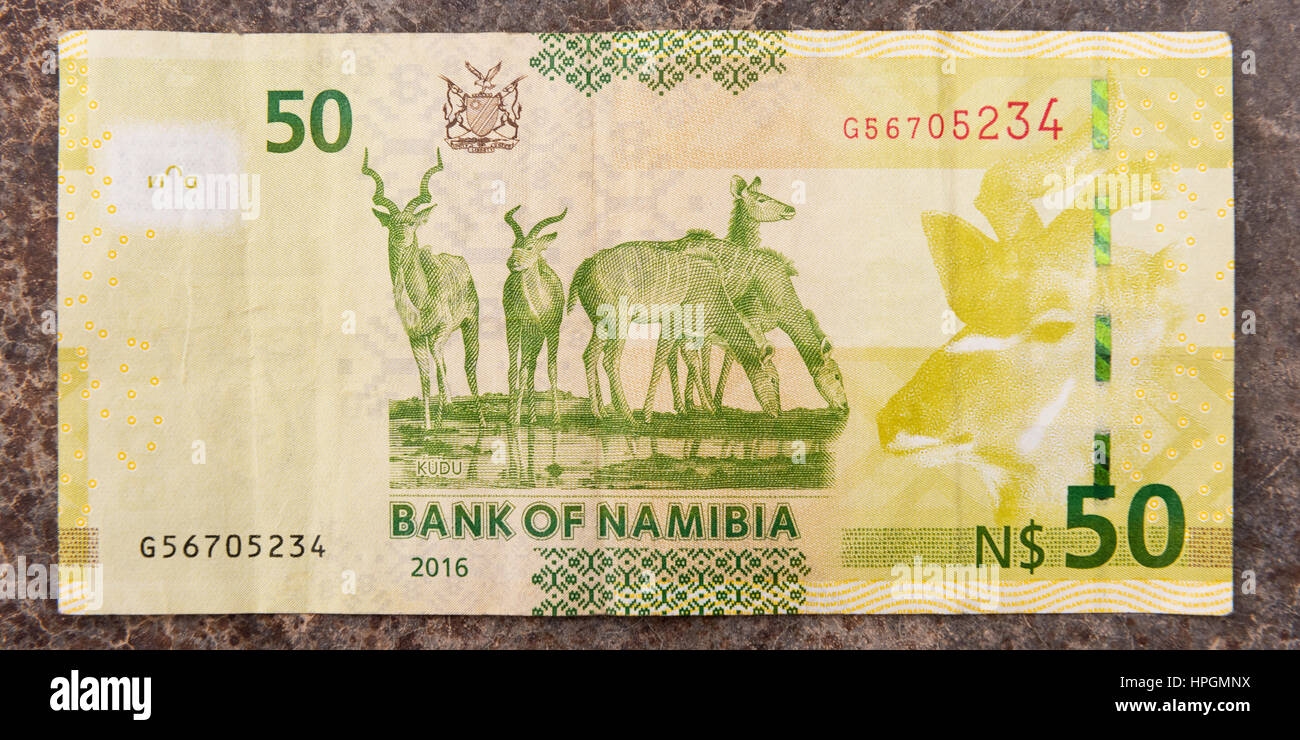 Eine Nahaufnahme von der Rückseite eines 50 Namibische Dollar Papier Banknote. Stockfoto