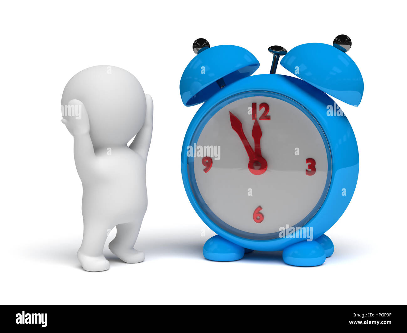 weiße 3d Person Blick auf einen großen blauen Wecker (3D Illustration isoliert auf weißem Hintergrund) Stockfoto