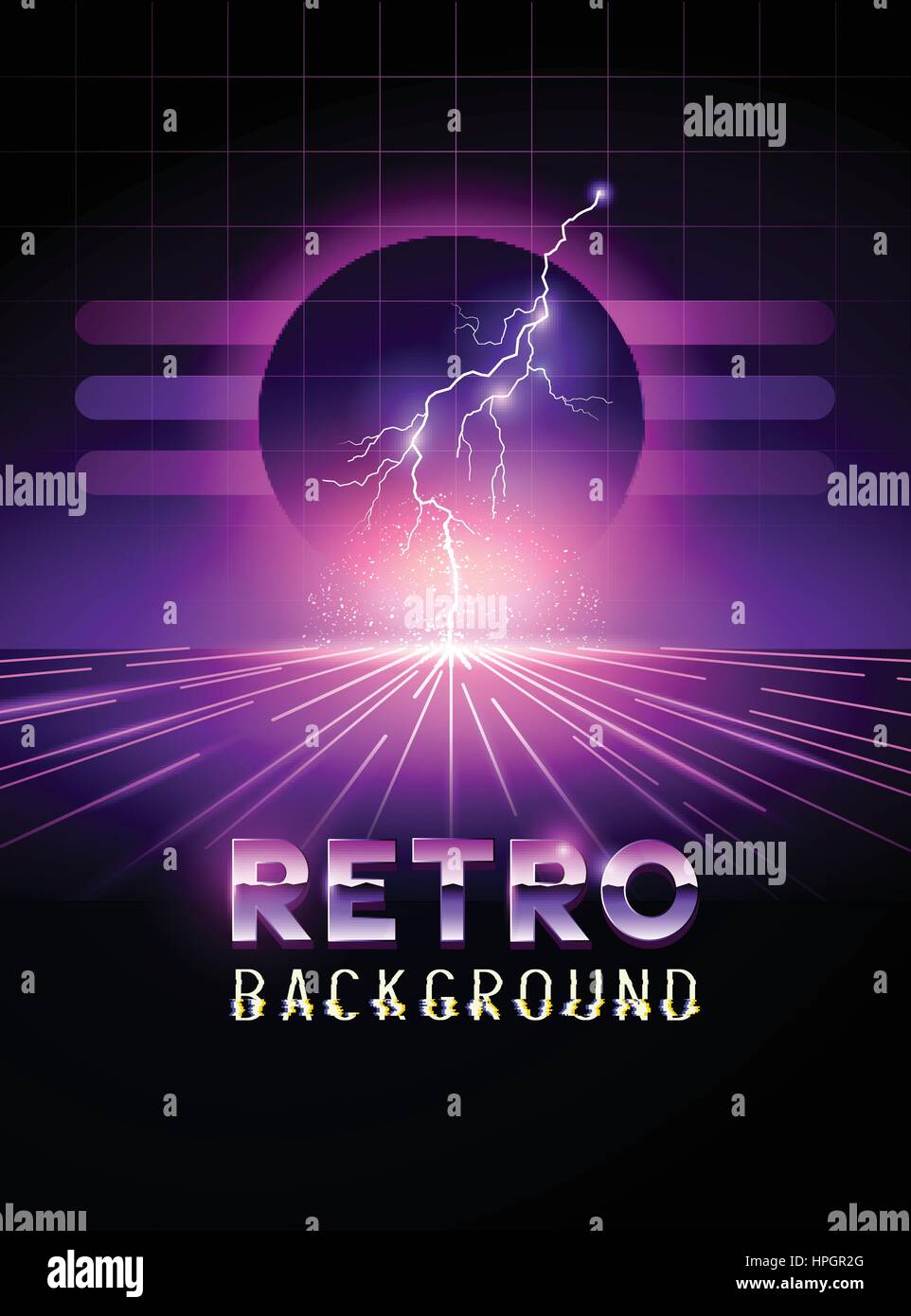 Retro-1980 Neon Horizont Hintergrund mit Lightning bolts. Vektor-illustration Stock Vektor