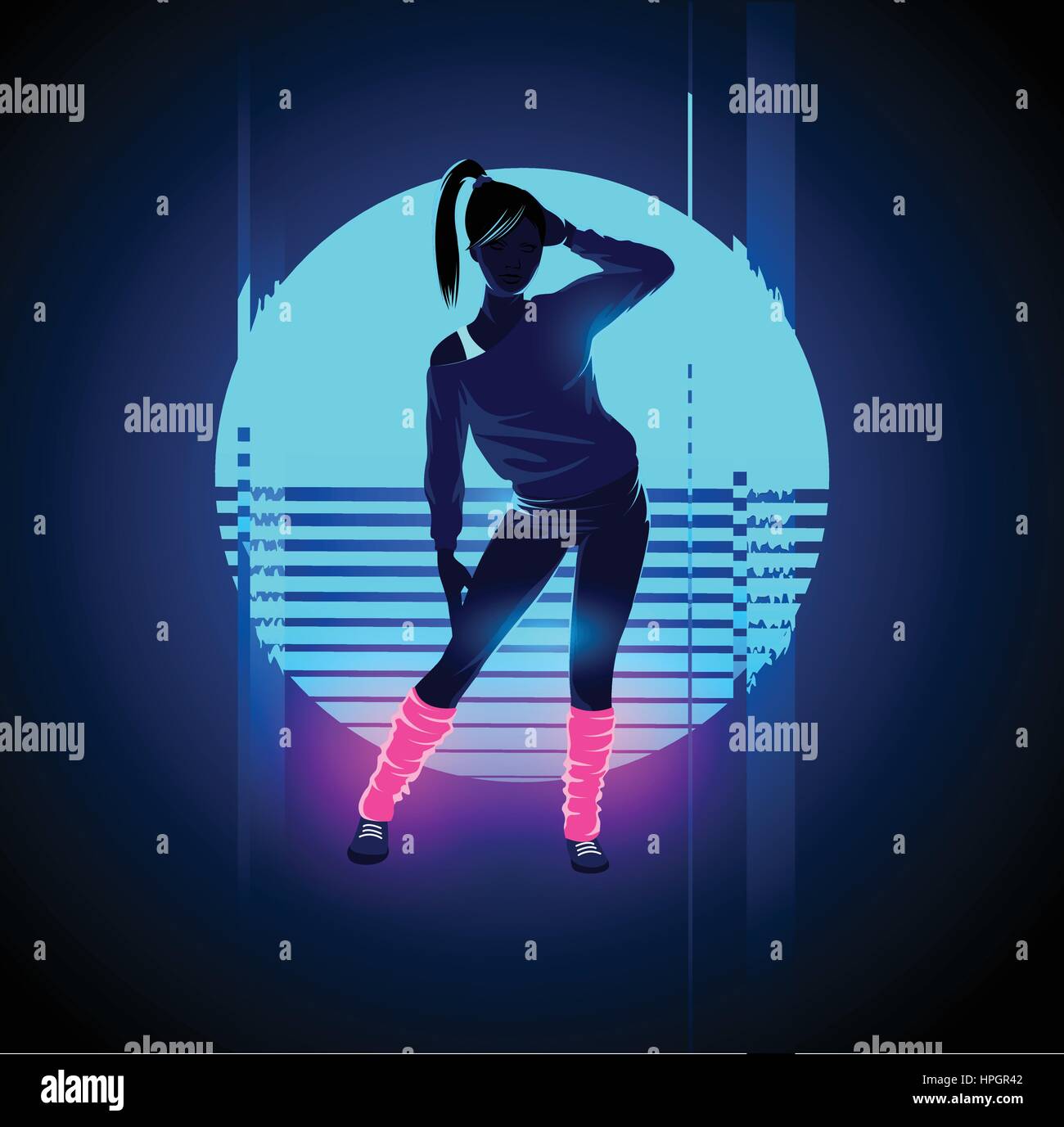 Retro-1980 der Neon tanzende Dame mit Glitch Sonnenuntergang Hintergrund glühen. Vektor-illustration Stock Vektor