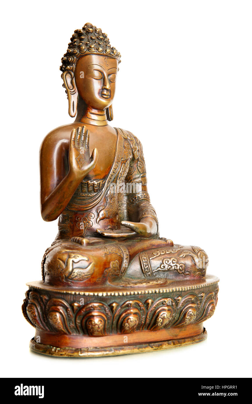 Figur des Segens, die Buddha auf dem weißen Hintergrund isoliert Stockfoto