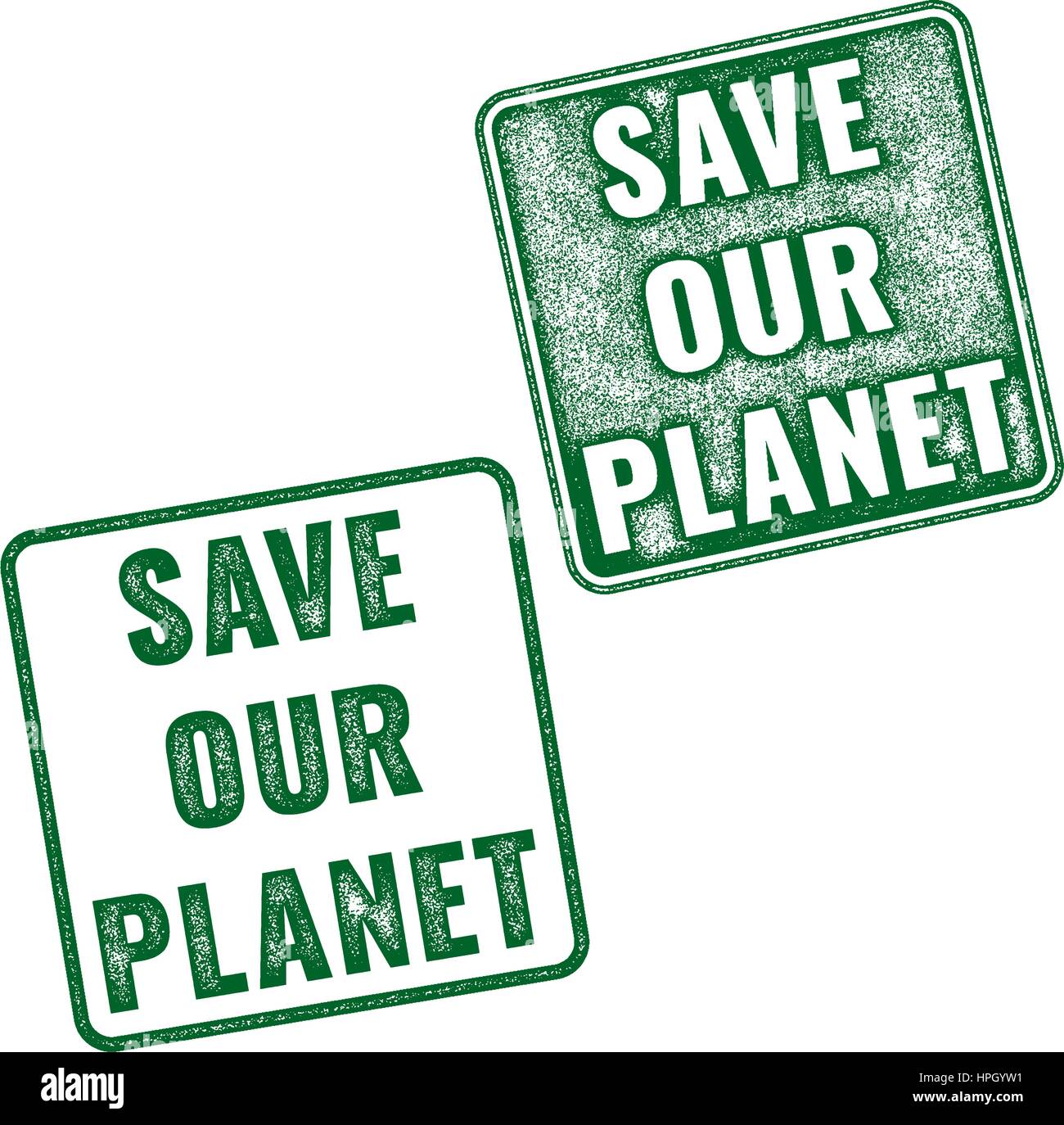 Zwei grüne realistische Vektor Save Our Planet Grunge Stempel isoliert auf weißem Hintergrund Stock Vektor