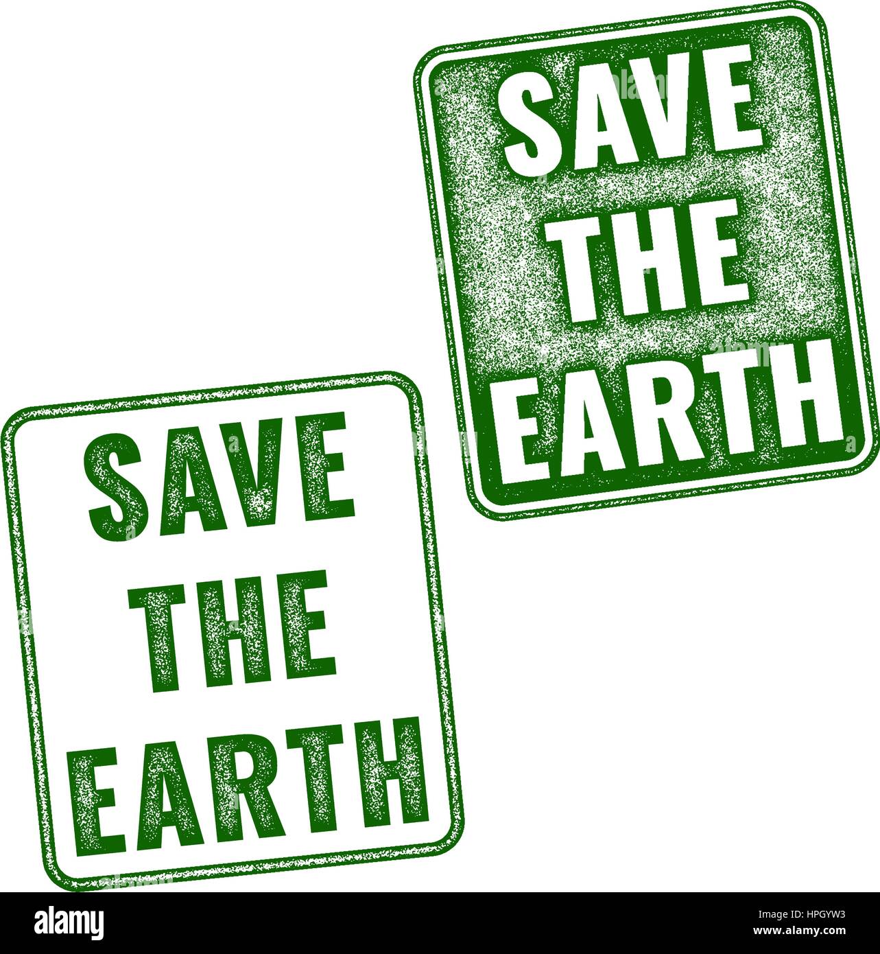 Zwei grüne realistische Vektor Save The Earth Grunge Stempel isoliert auf weißem Hintergrund Stock Vektor