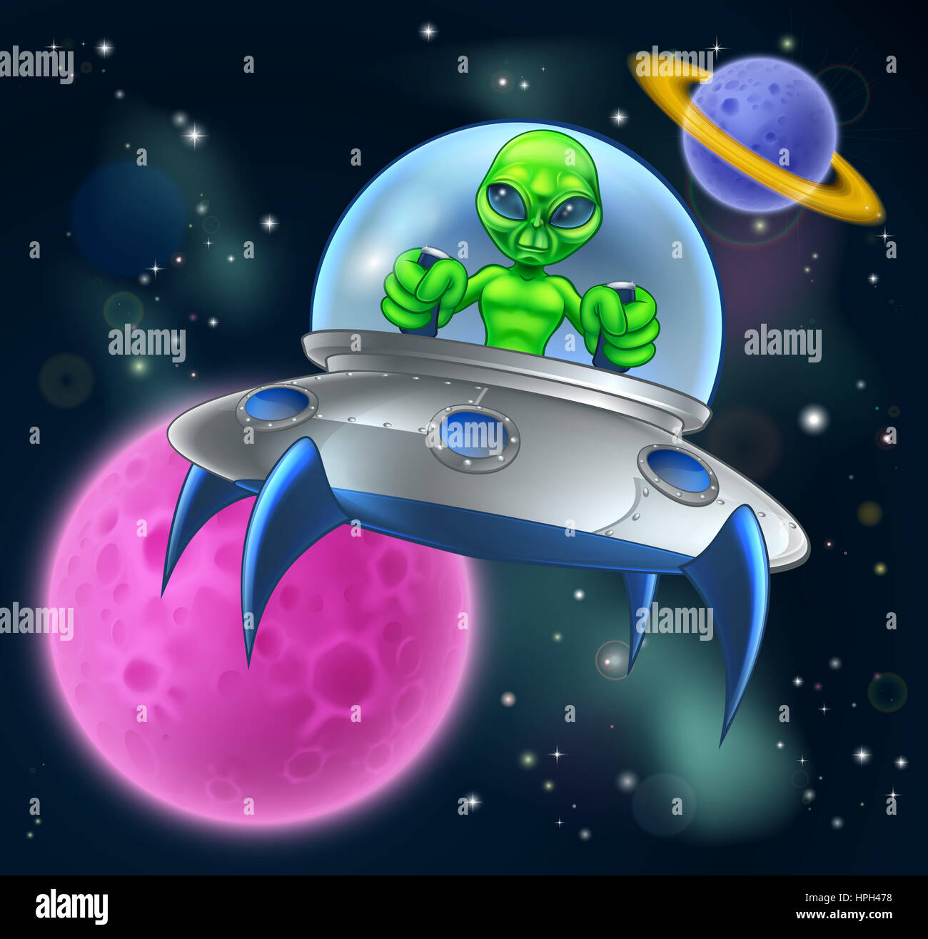 Cartoon-außerirdisches Raumschiff oder fliegende Untertasse in Raum Szene mit einem Monden und Planeten im Hintergrund Stockfoto