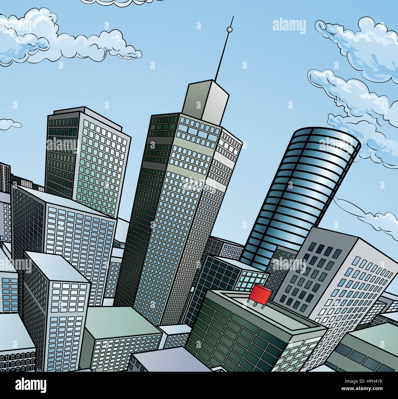 Eine Stadt Gebäude Cartoon Pop Art Comic Buch Stil Wolkenkratzer Hintergrundszene Stockfoto