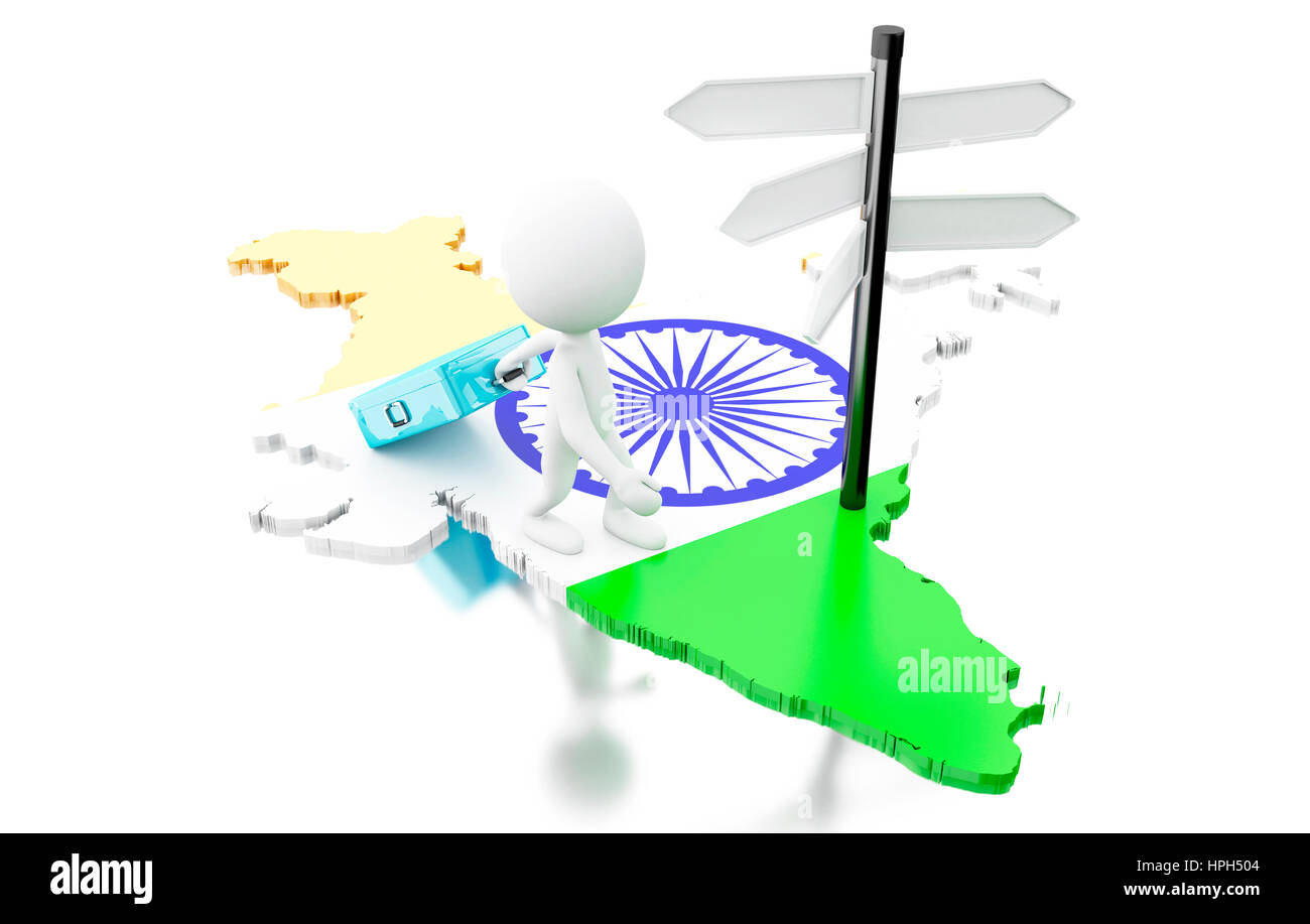 3D Renderer Bild. Weiße Leute auf Indien Karte mit Koffern und Wegweiser. Reisekonzept. Isolierten weißen Hintergrund Stockfoto