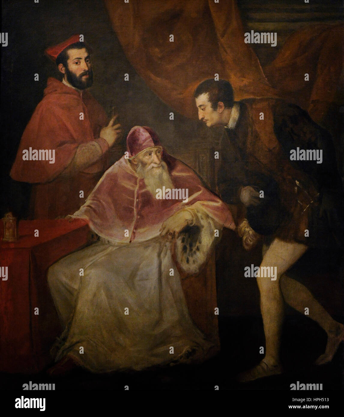 Tizian (1489/1490-1576). Italienischer Maler. Papst Paul III. und seine Enkel, 1545-1546. Farnese-Sammlung. Nationales Museum von Capodimonte. Neapel. Italien. Stockfoto