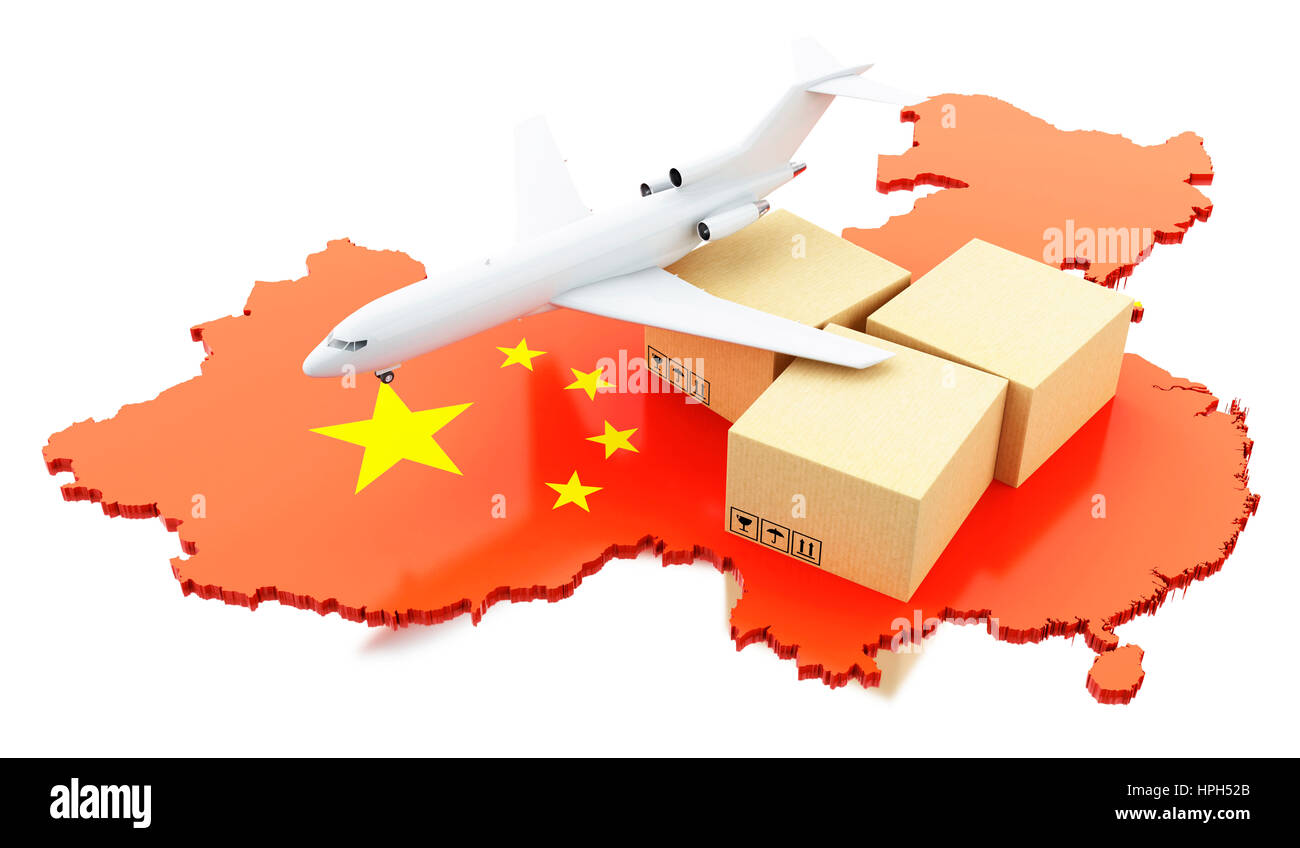 3D Renderer Bild. China-Karte mit Kartons und Flugzeug. Weltweiter Versand und Online shopping Konzept. Isolierten weißen Hintergrund Stockfoto