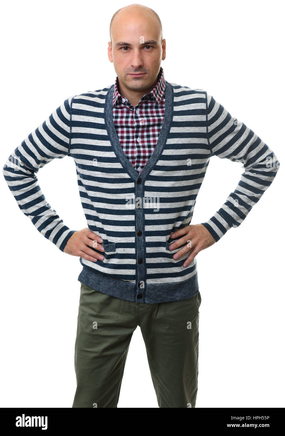 Ernst schön Glatzkopf mit der Hand auf den Hüften. Isoliert auf weißem Hintergrund Stockfoto