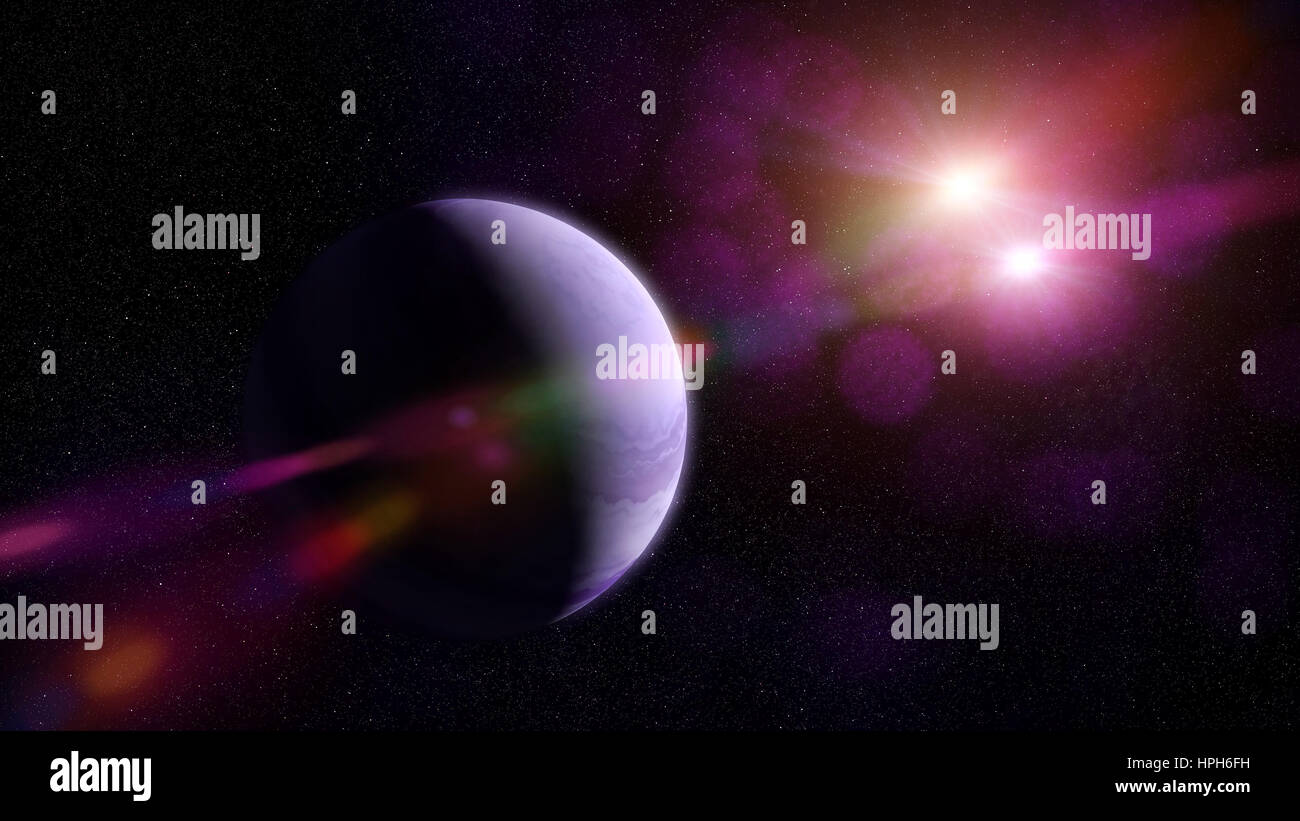 schöne lila Gas Planeten umkreisen zwei helle Sterne Stockfoto