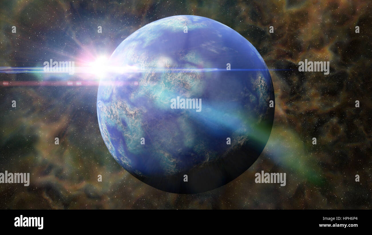 schönen erdähnlichen Planeten in Raum, umgeben von einer bunten Nebel (3d Illustration) Stockfoto